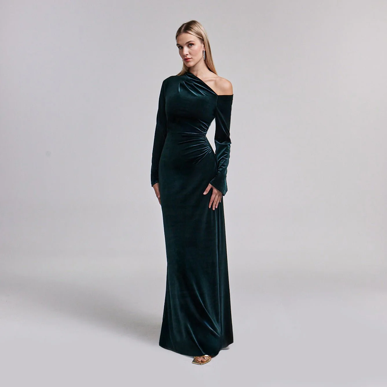 Dark Green Velvet Bare Shoulder Maxi Dress - Image 3