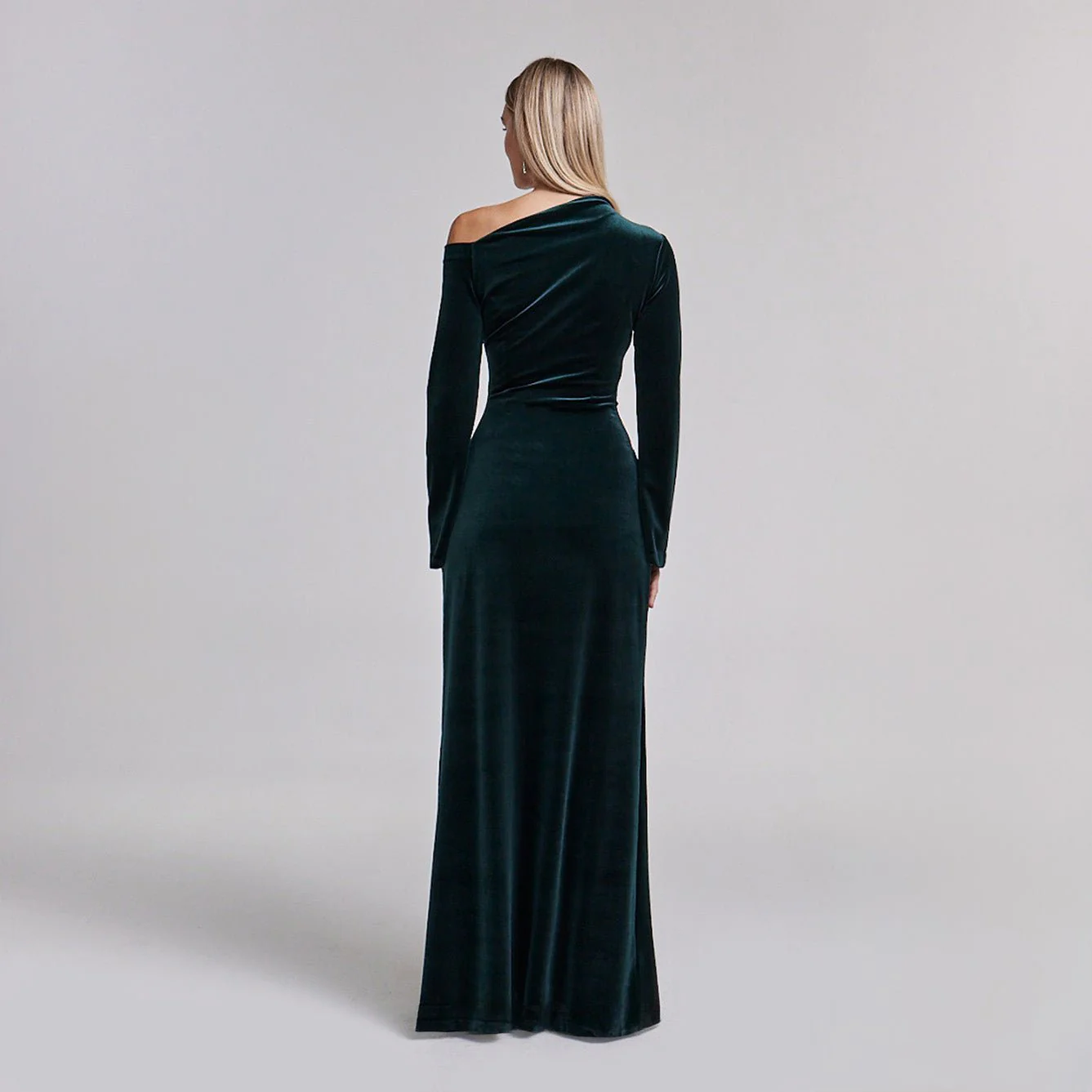 Dark Green Velvet Bare Shoulder Maxi Dress - Image 5