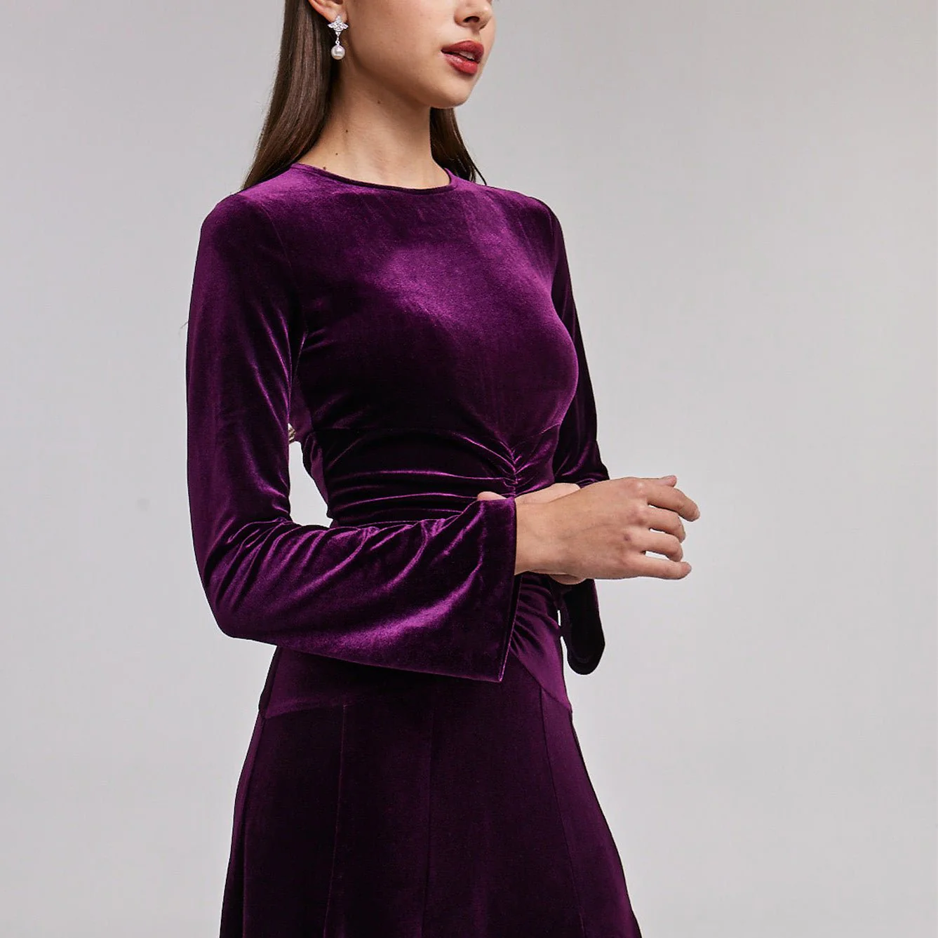 Dark Purple Velvet Gathered Waist Maxi Dress - Image 3