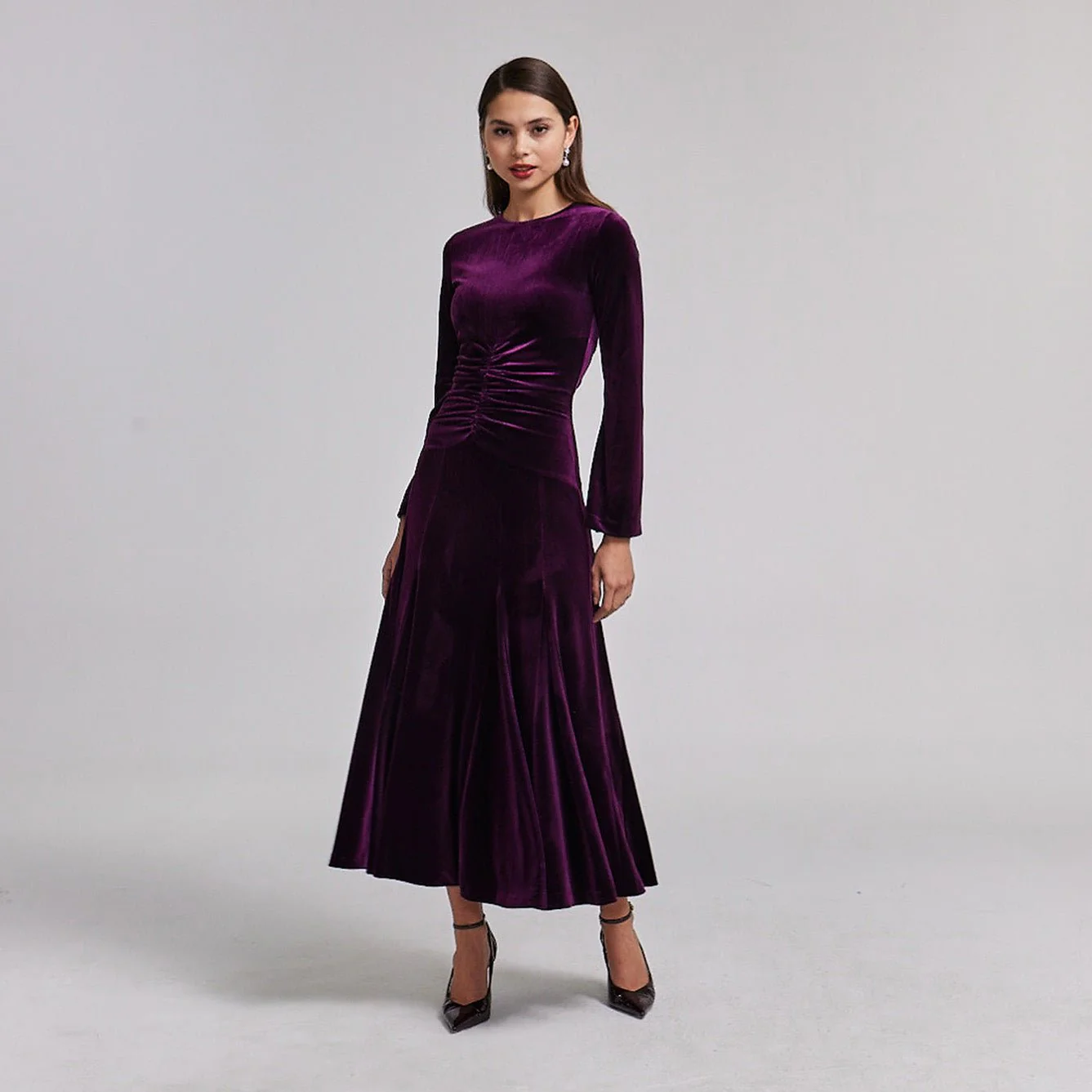Dark Purple Velvet Gathered Waist Maxi Dress - Image 4
