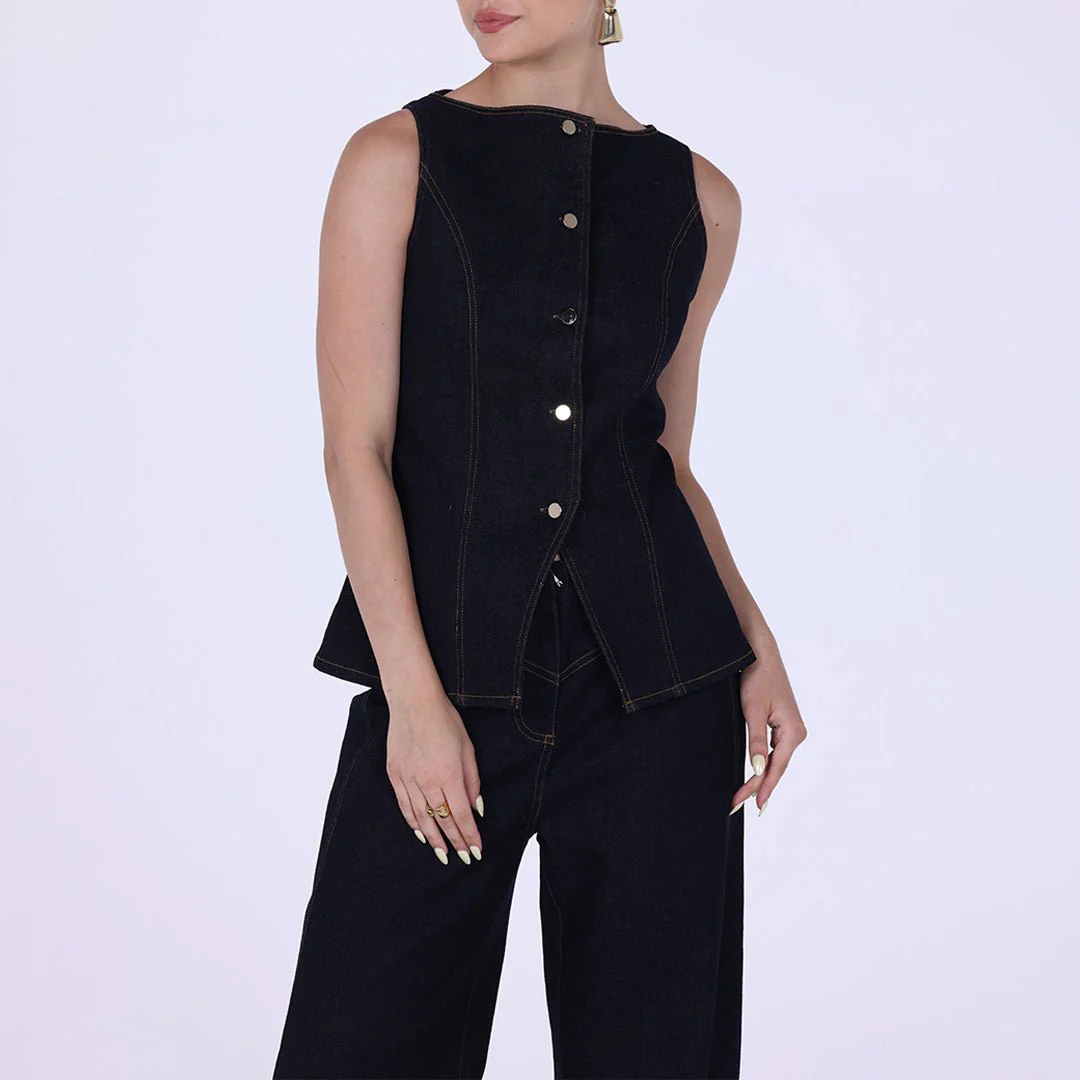 Denim Sleeveless Top With Buttons - Image 3