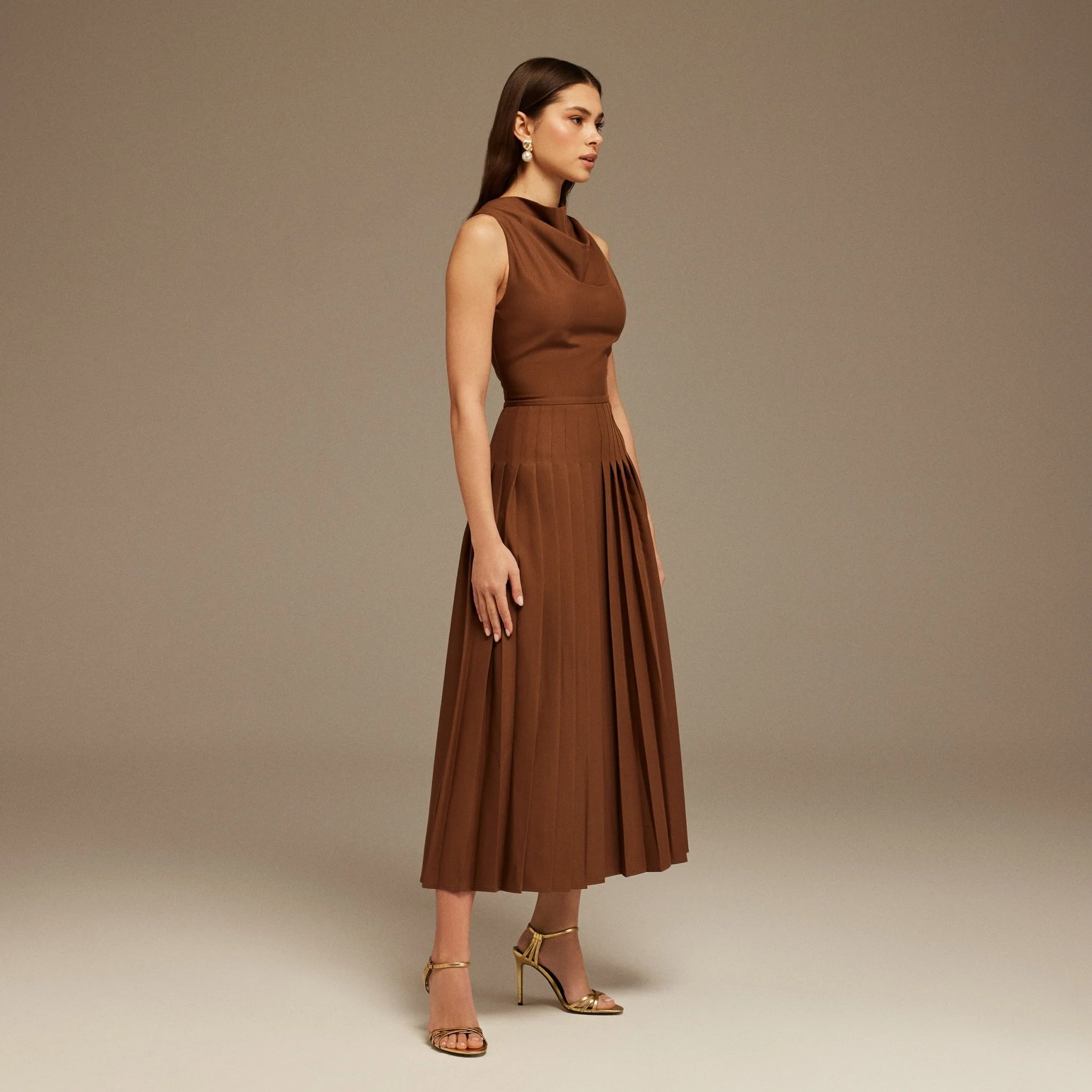 Brown Drape Halter Neck Maxi Dress - Image 3