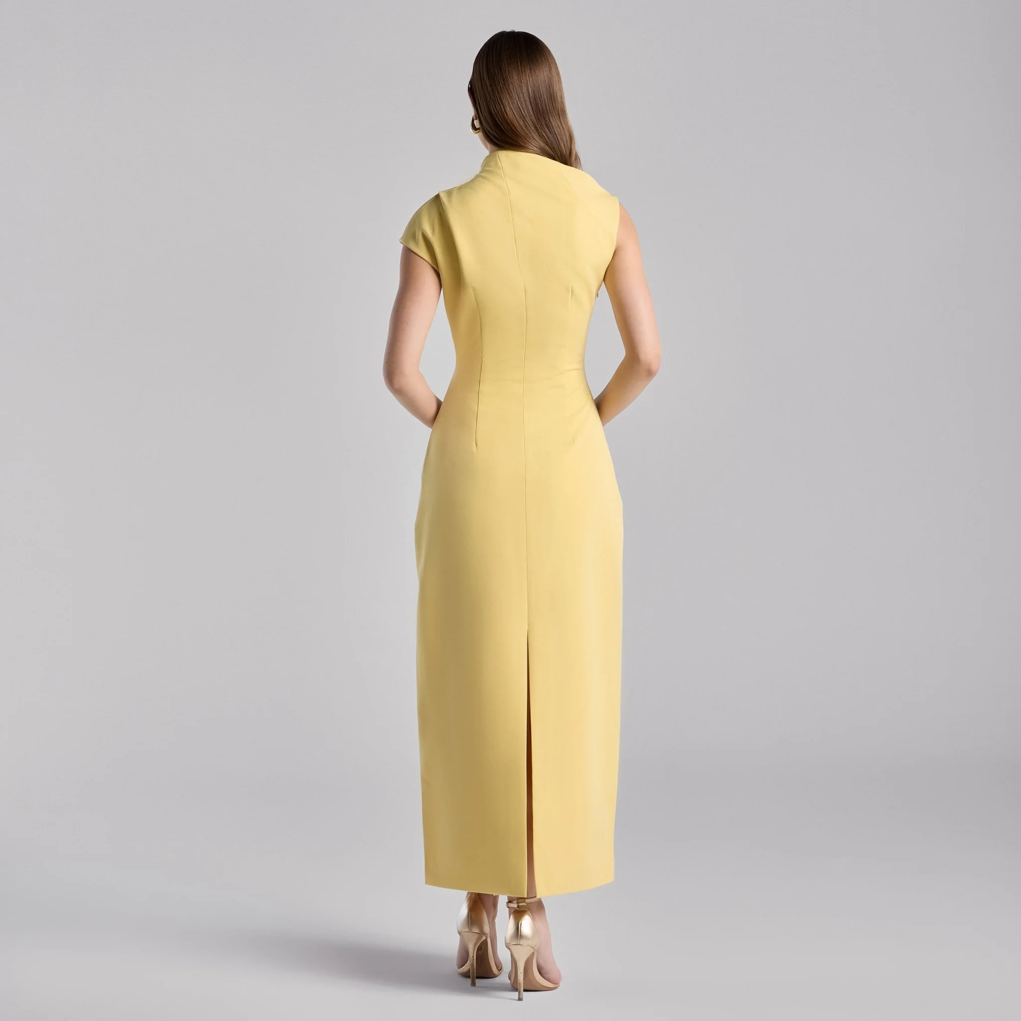Yellow Draped Shoulder Short Sleeve Midi Dress - Image 4