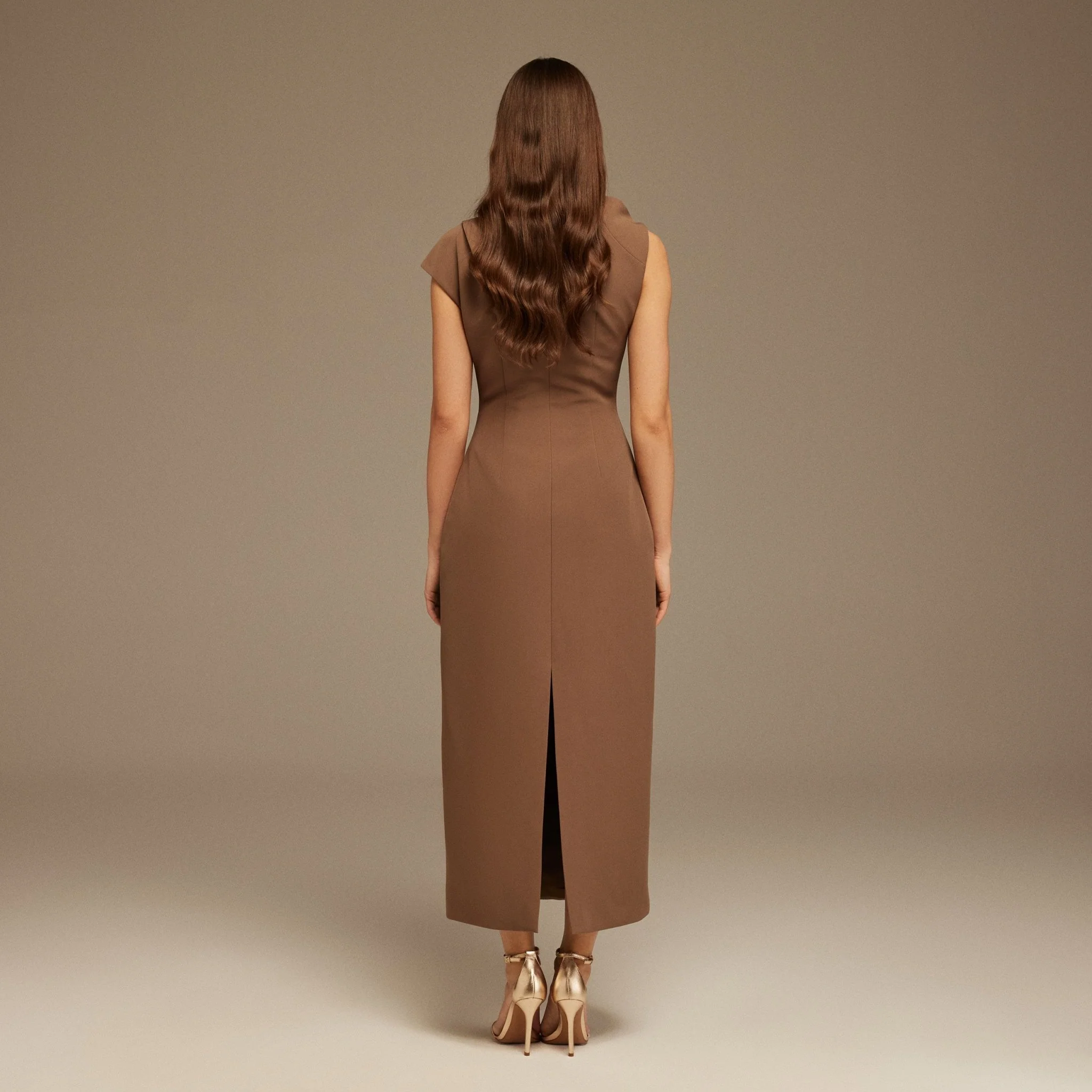Brown Draped Shoulder Short Sleeve Midi Dress - Image 4