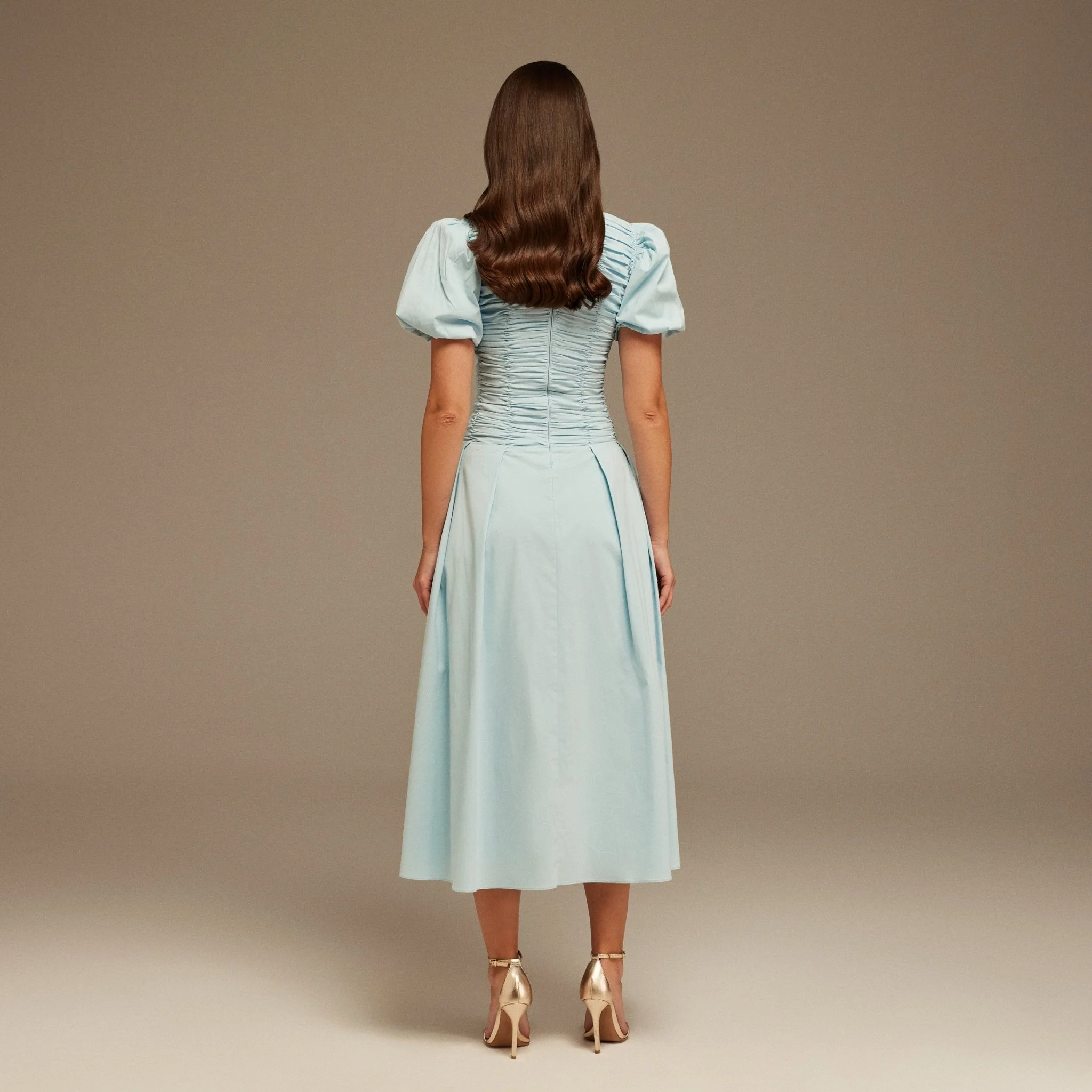 Light Blue Draped Top Short Sleeve Midi Dress - Image 3