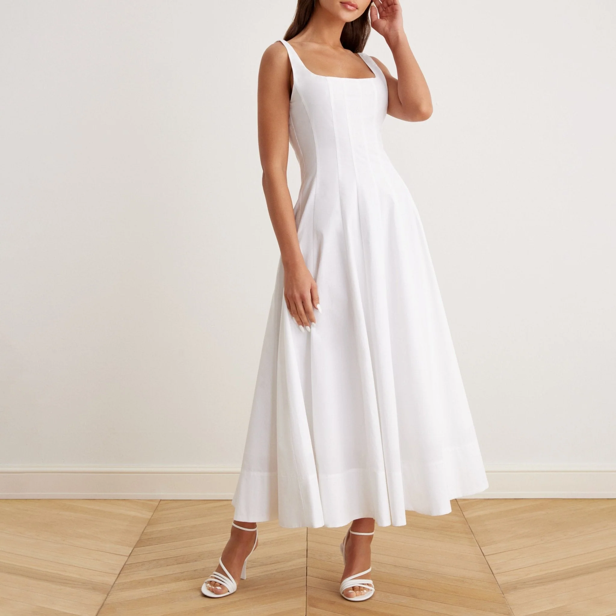 Fitted Waist Midi A-line Dress in Cotton - Image 3