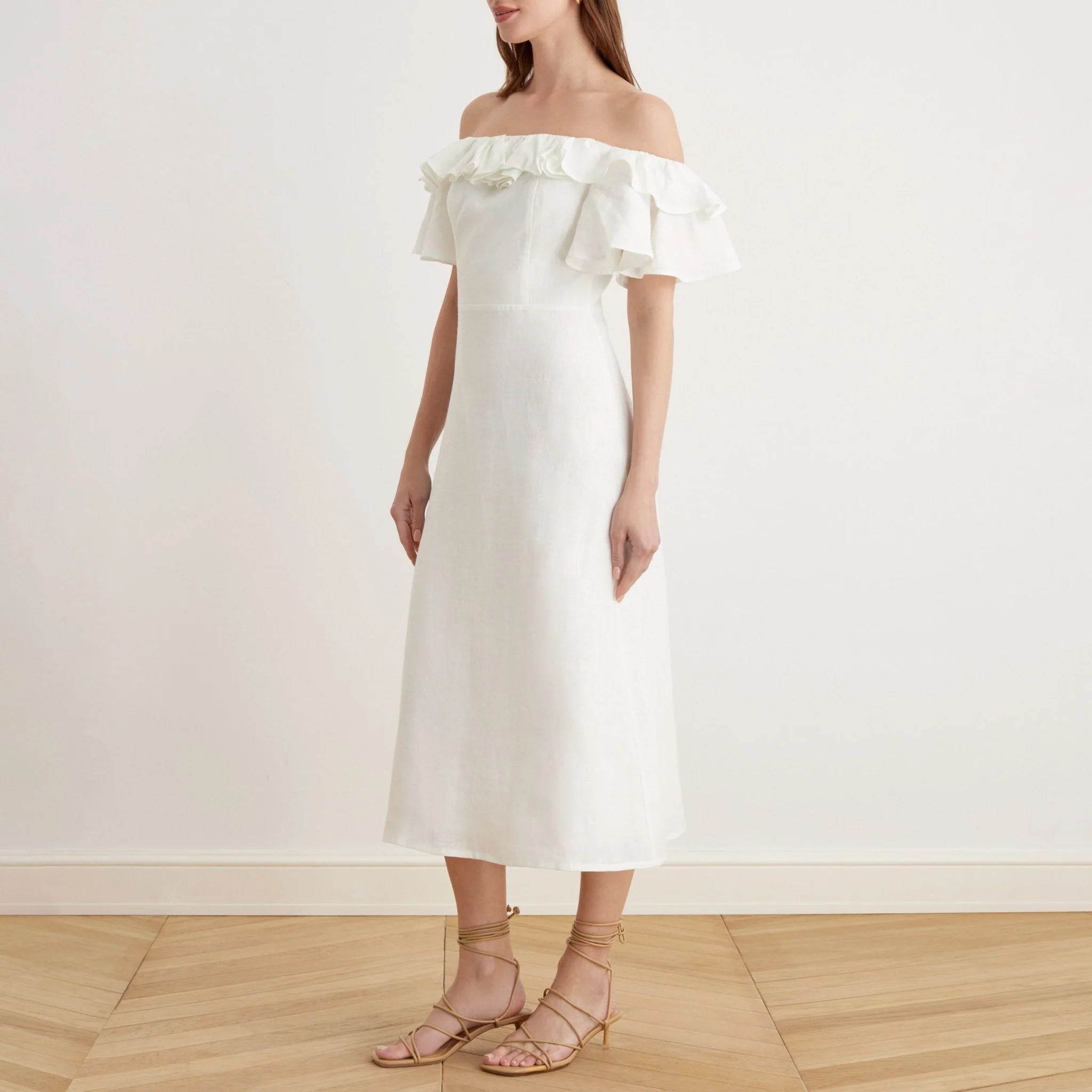 Frill Off Shoulder Midi Dress in Linen - Image 10