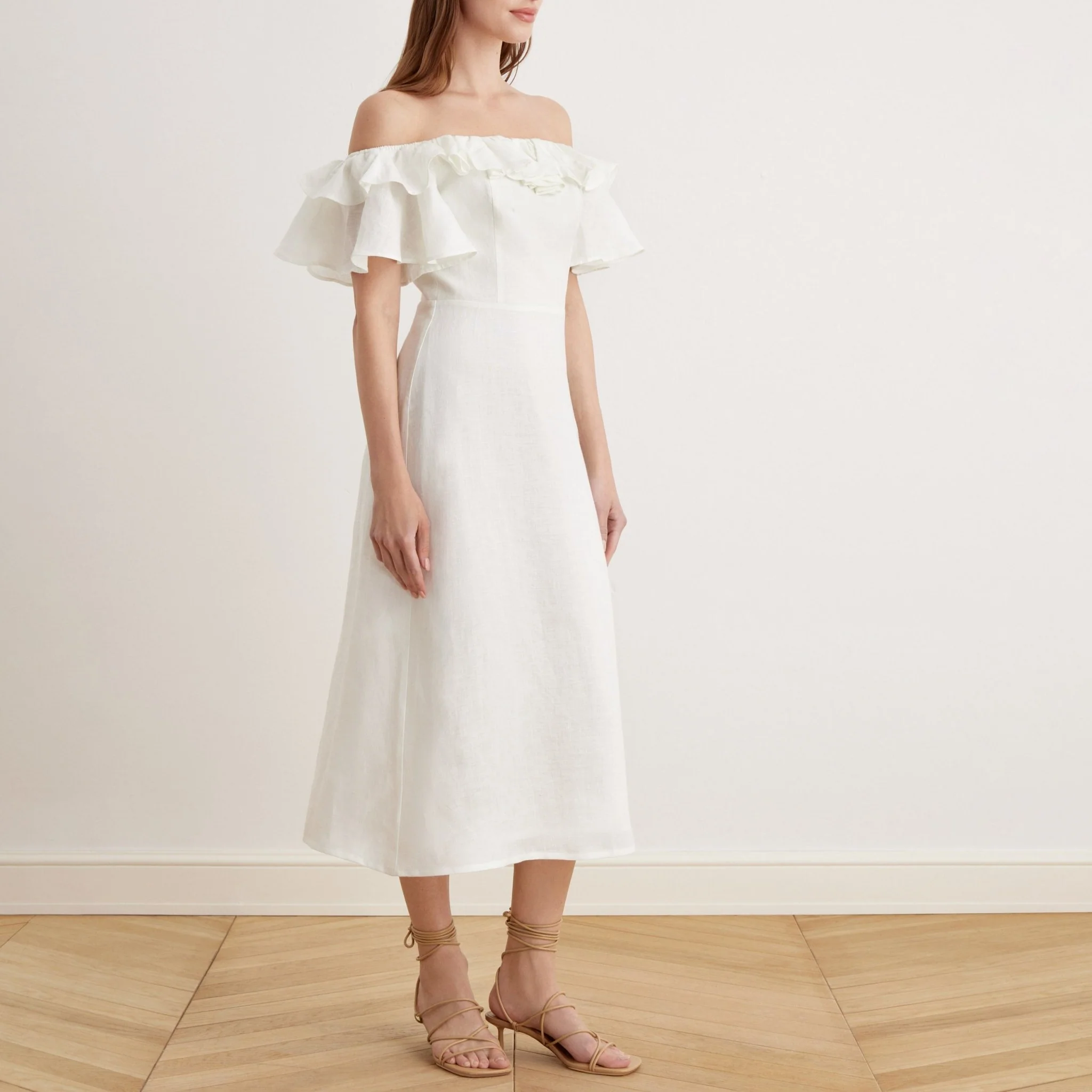 Frill Off Shoulder Midi Dress in Linen - Image 11