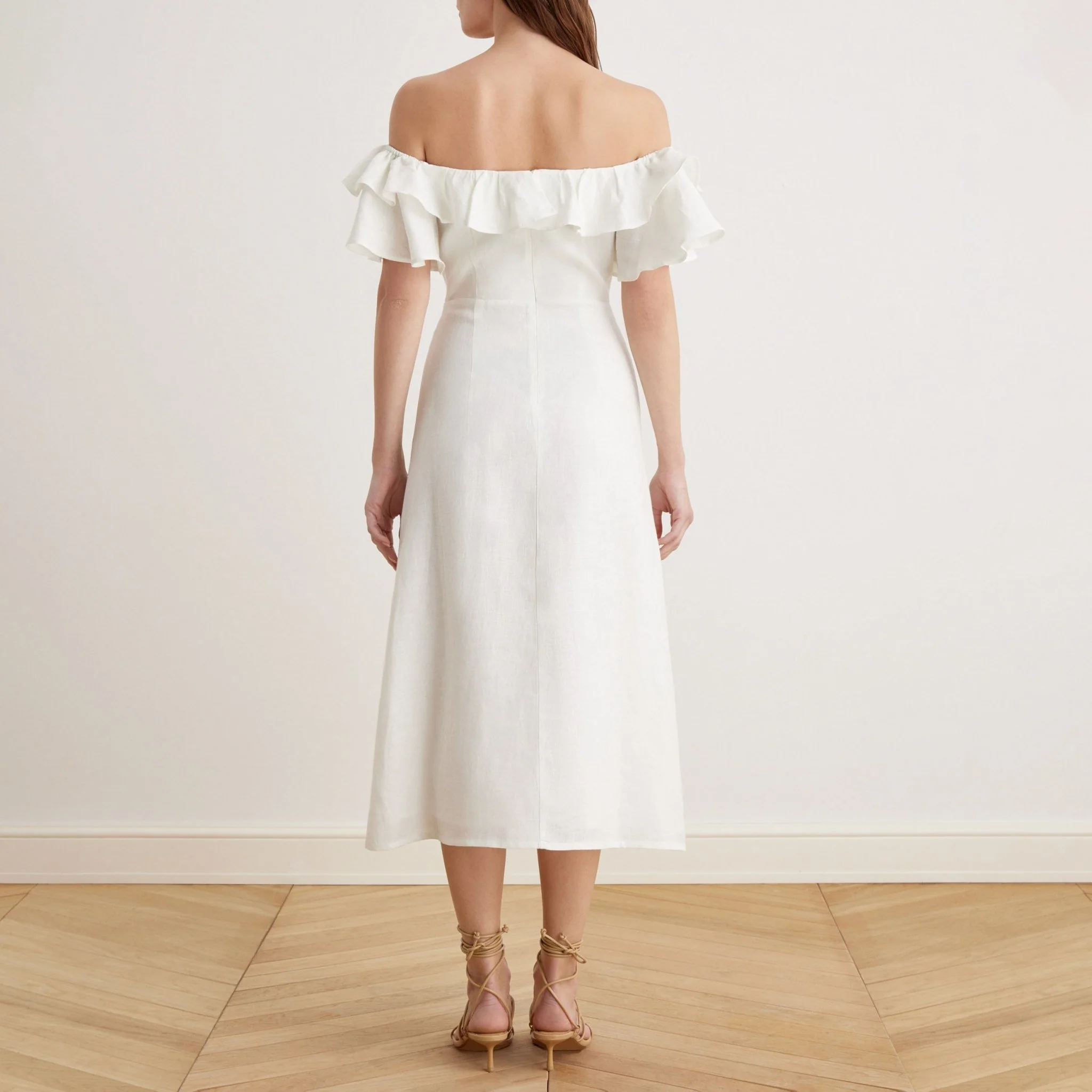 Frill Off Shoulder Midi Dress in Linen - Image 12