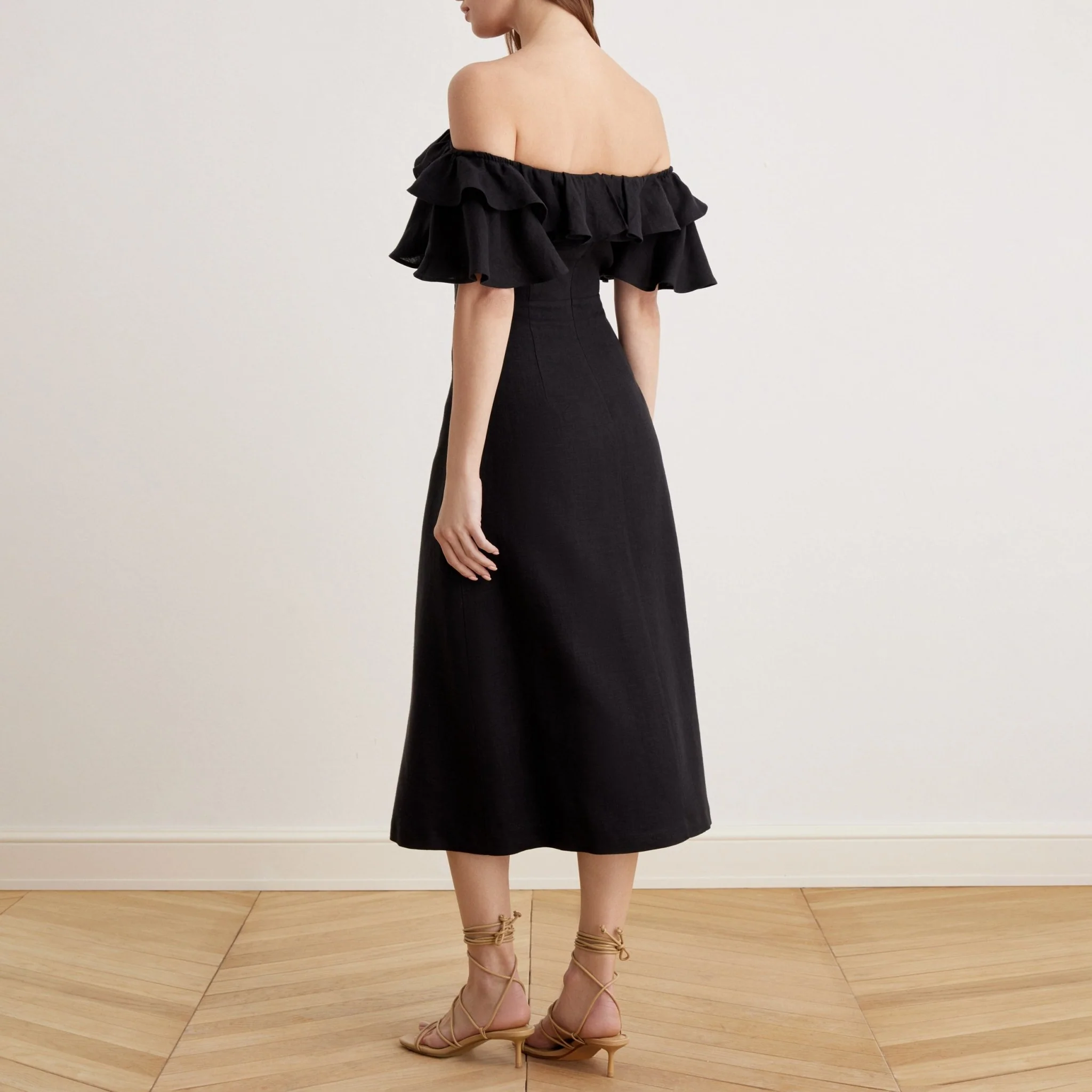 Frill Off Shoulder Midi Dress in Linen - Image 4
