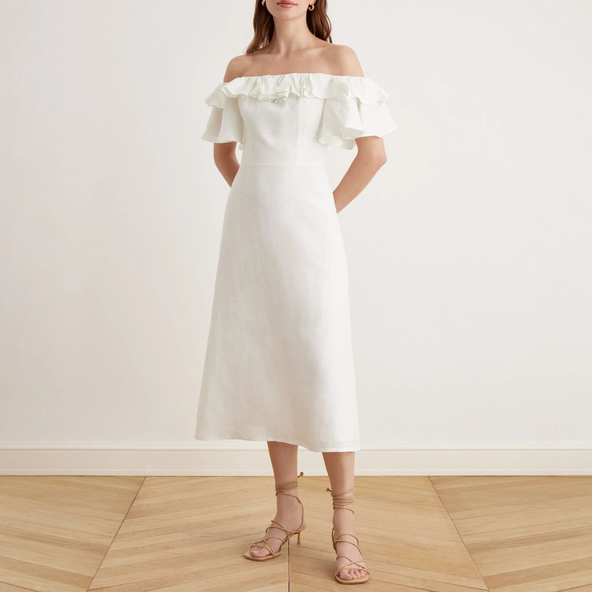 Frill Off Shoulder Midi Dress in Linen - Image 5