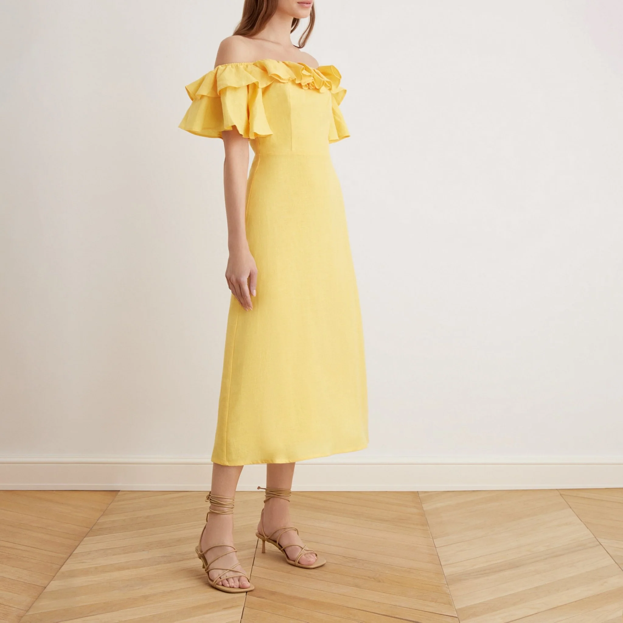 Frill Off Shoulder Midi Dress in Linen - Image 7