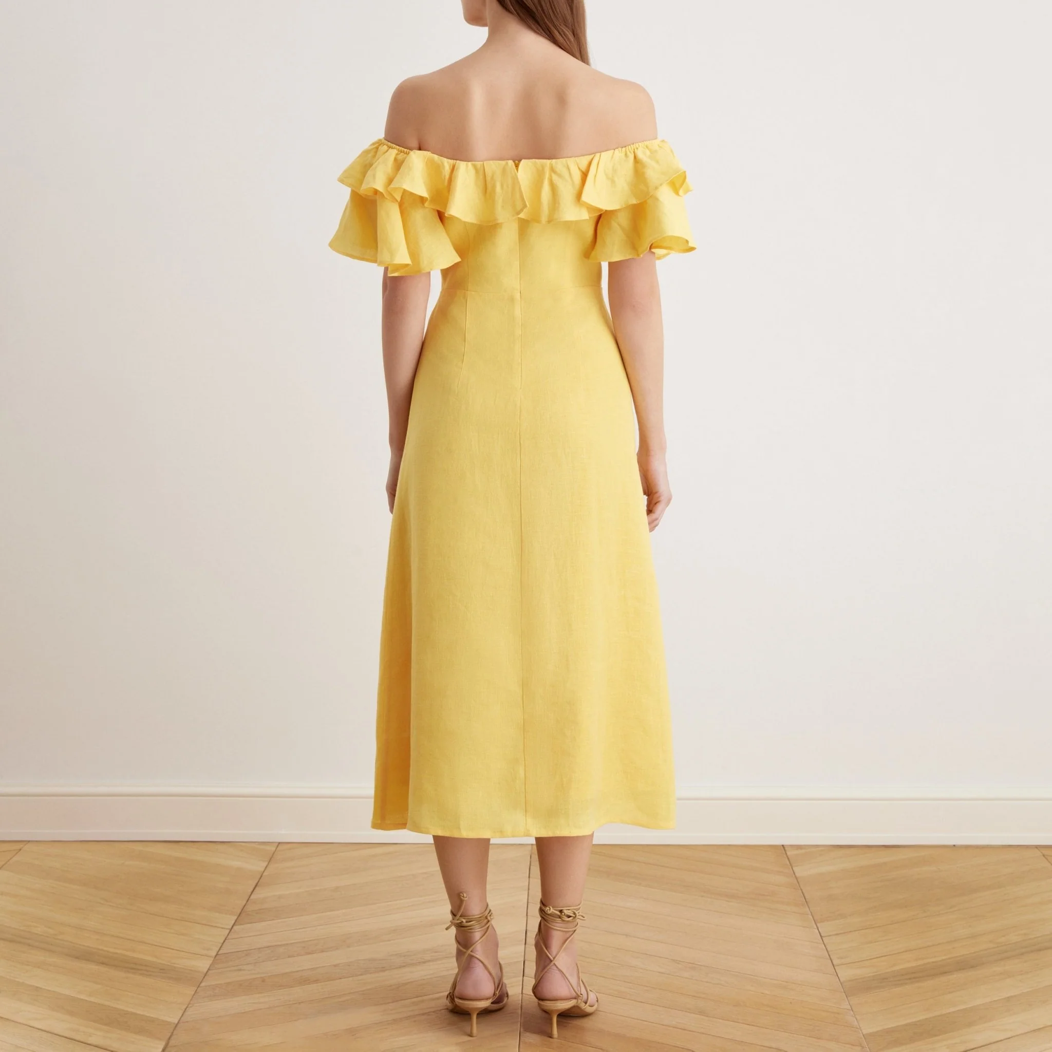Frill Off Shoulder Midi Dress in Linen - Image 8