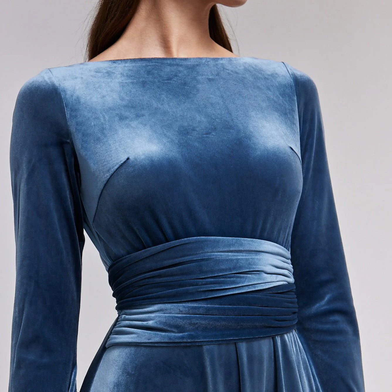 Blue-Grey Cape Sleeve Twist-Waist Velvet Dress - Image 4