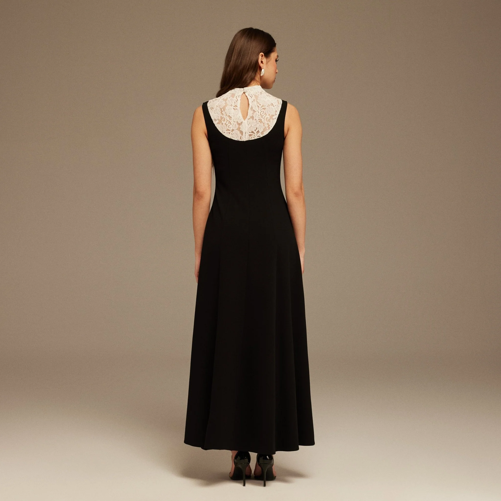 Black and White Lace Turtleneck Crepe Maxi Dress - Image 3