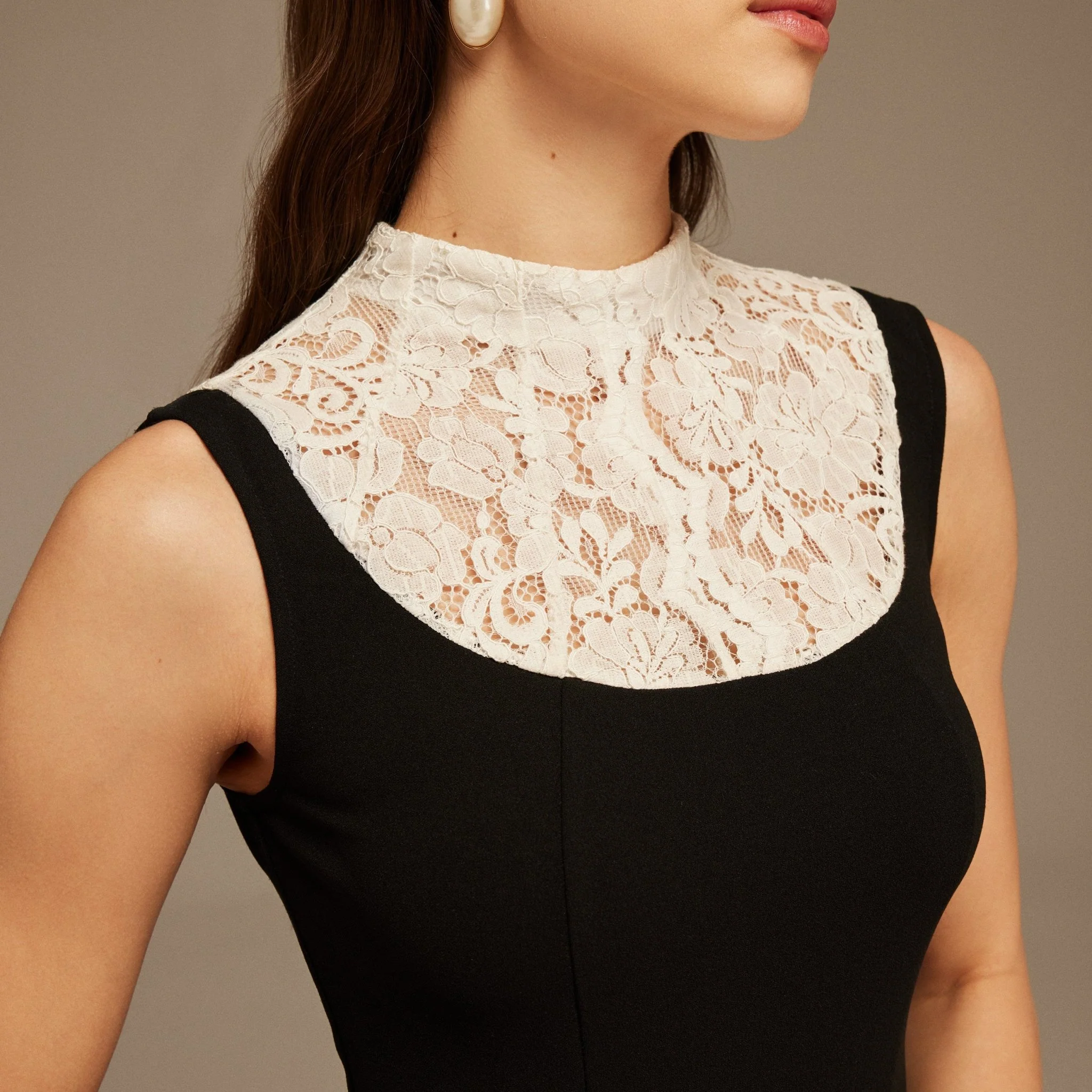 Black and White Lace Turtleneck Crepe Maxi Dress - Image 4