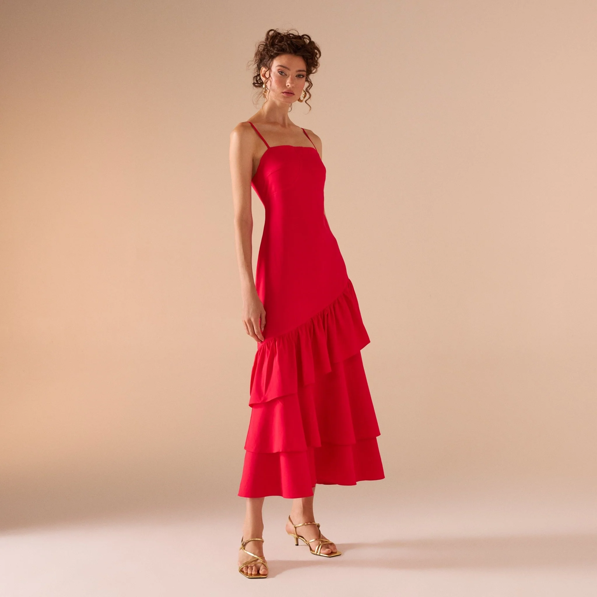 Red Linen Dress With Ruffled Skirt - Image 3