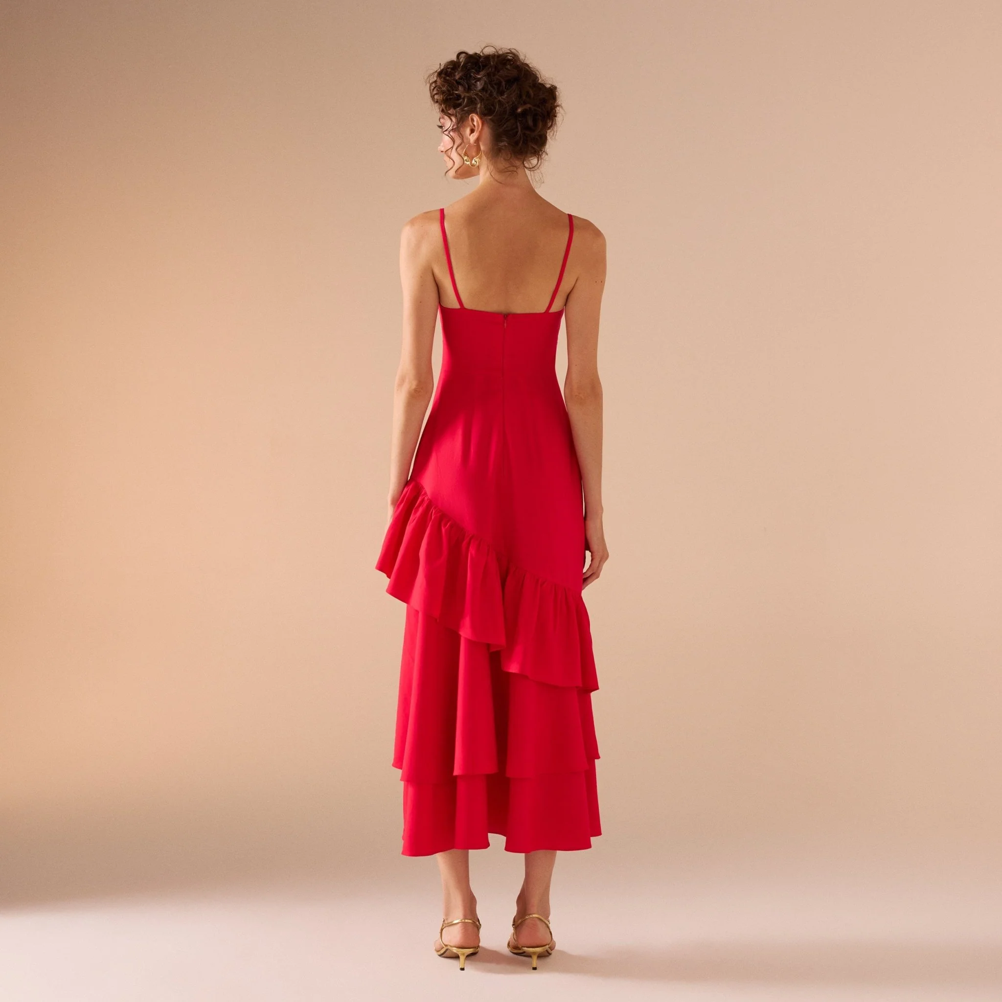 Red Linen Dress With Ruffled Skirt - Image 5