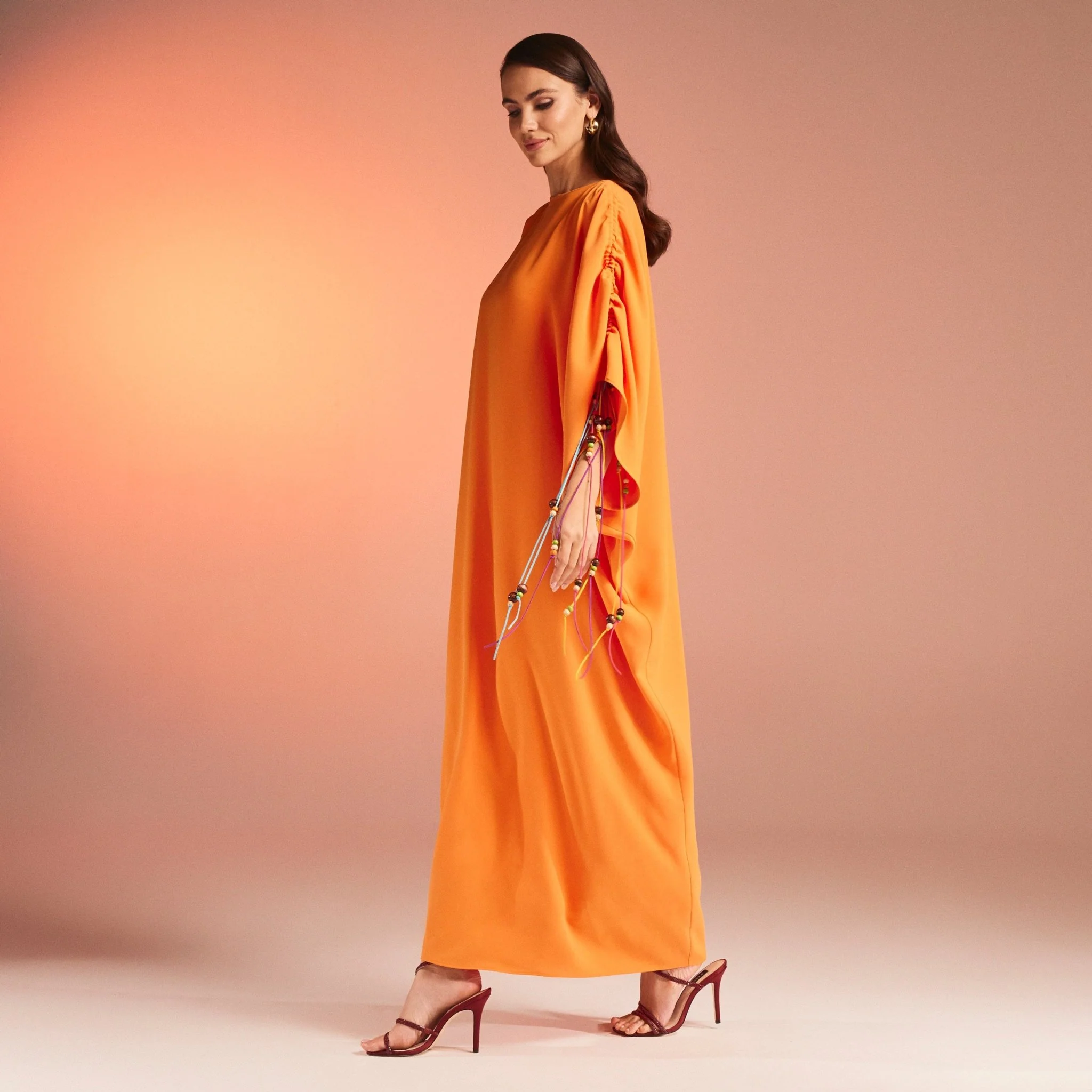 Orange Long Sleeve Crepe Kaftan - Image 3