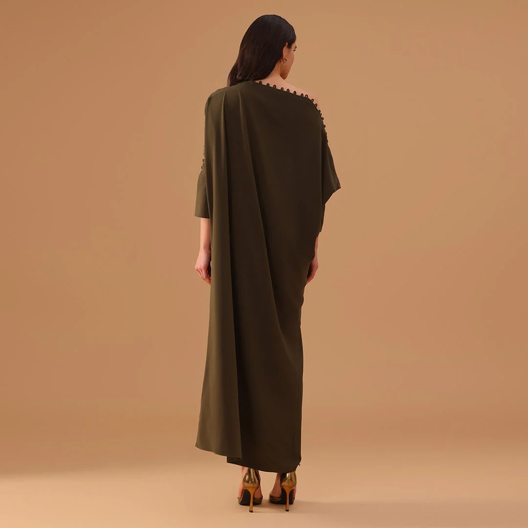 Green Off Shoulder Long Sleeve Crepe Kaftan - Image 4