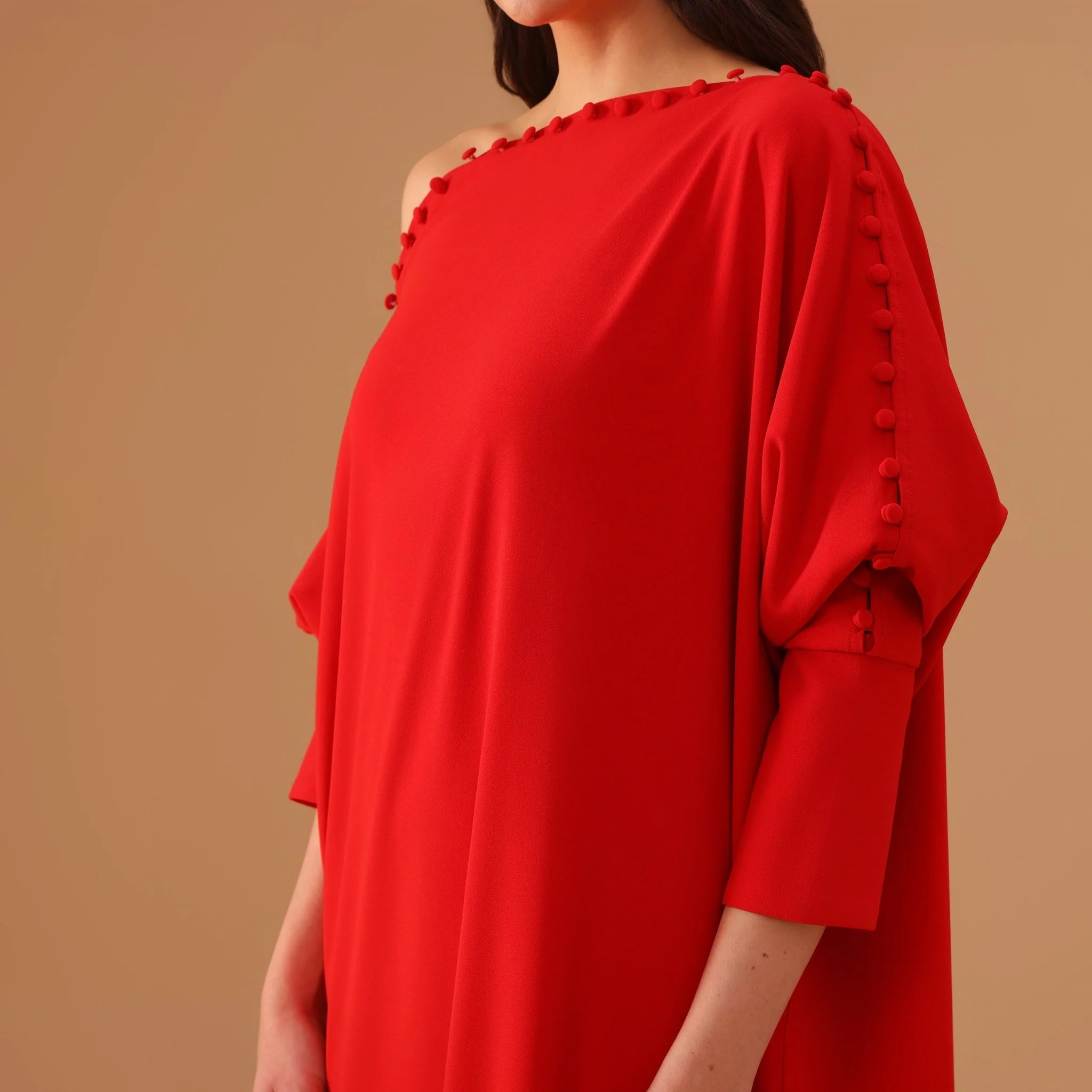 Red Off Shoulder Long Sleeve Crepe Kaftan - Image 3