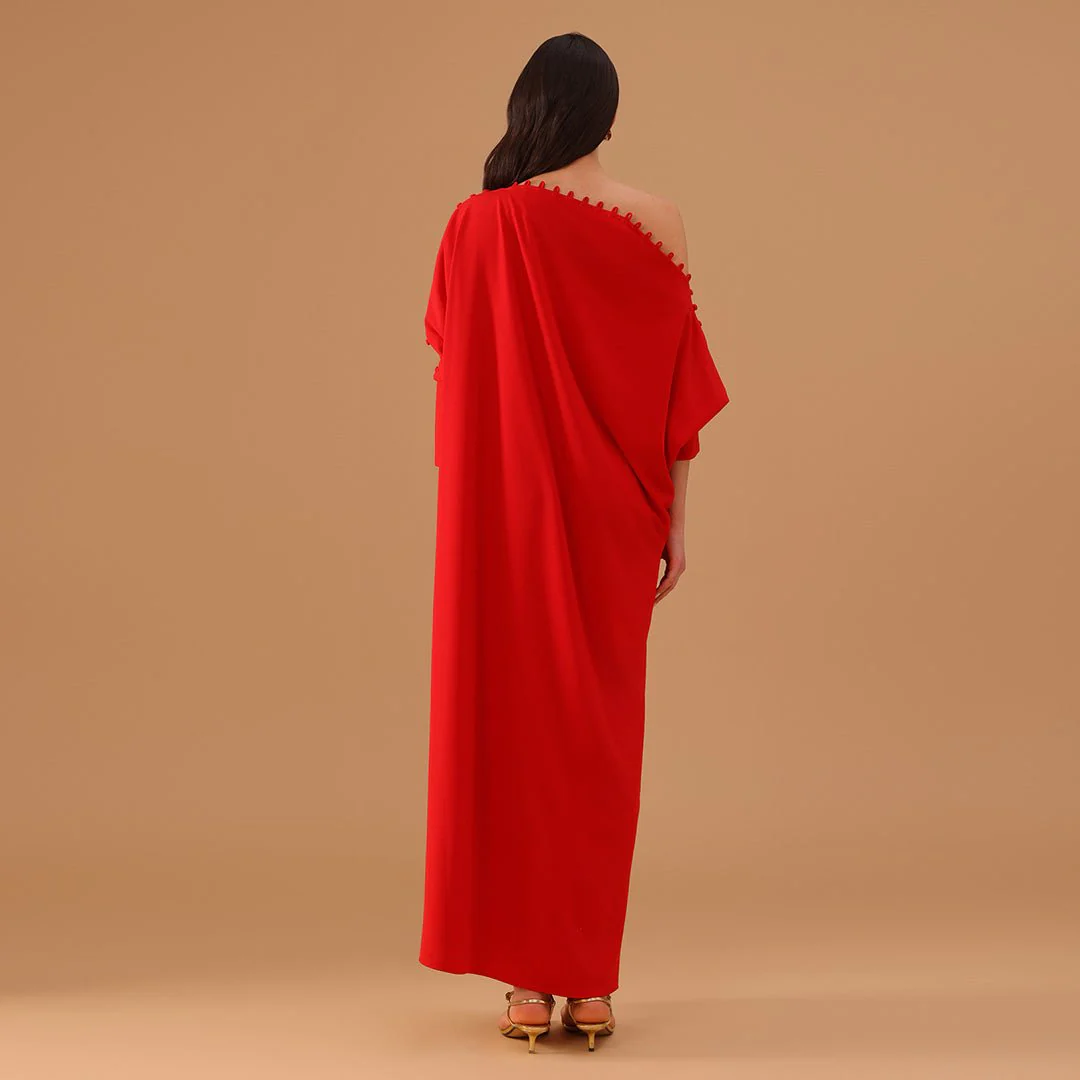 Red Off Shoulder Long Sleeve Crepe Kaftan - Image 4