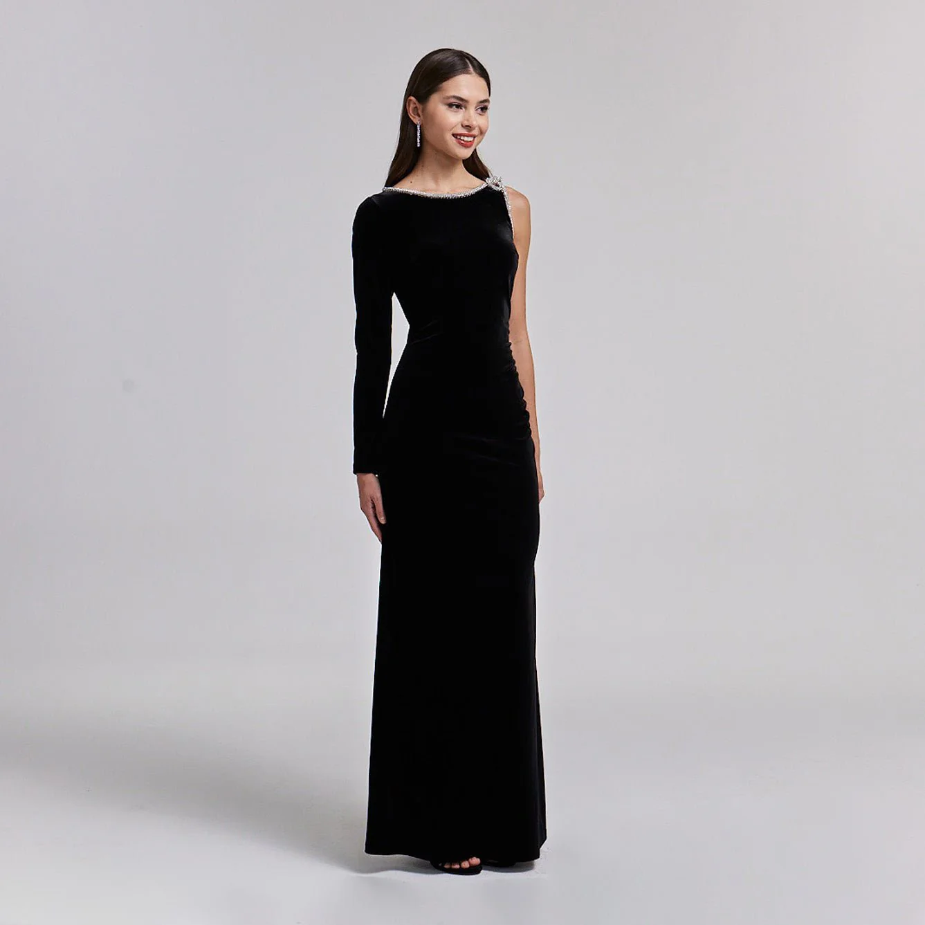 One-Shoulder Black Velvet Maxi Dress with Sparkling Shoulder Detail - Image 3