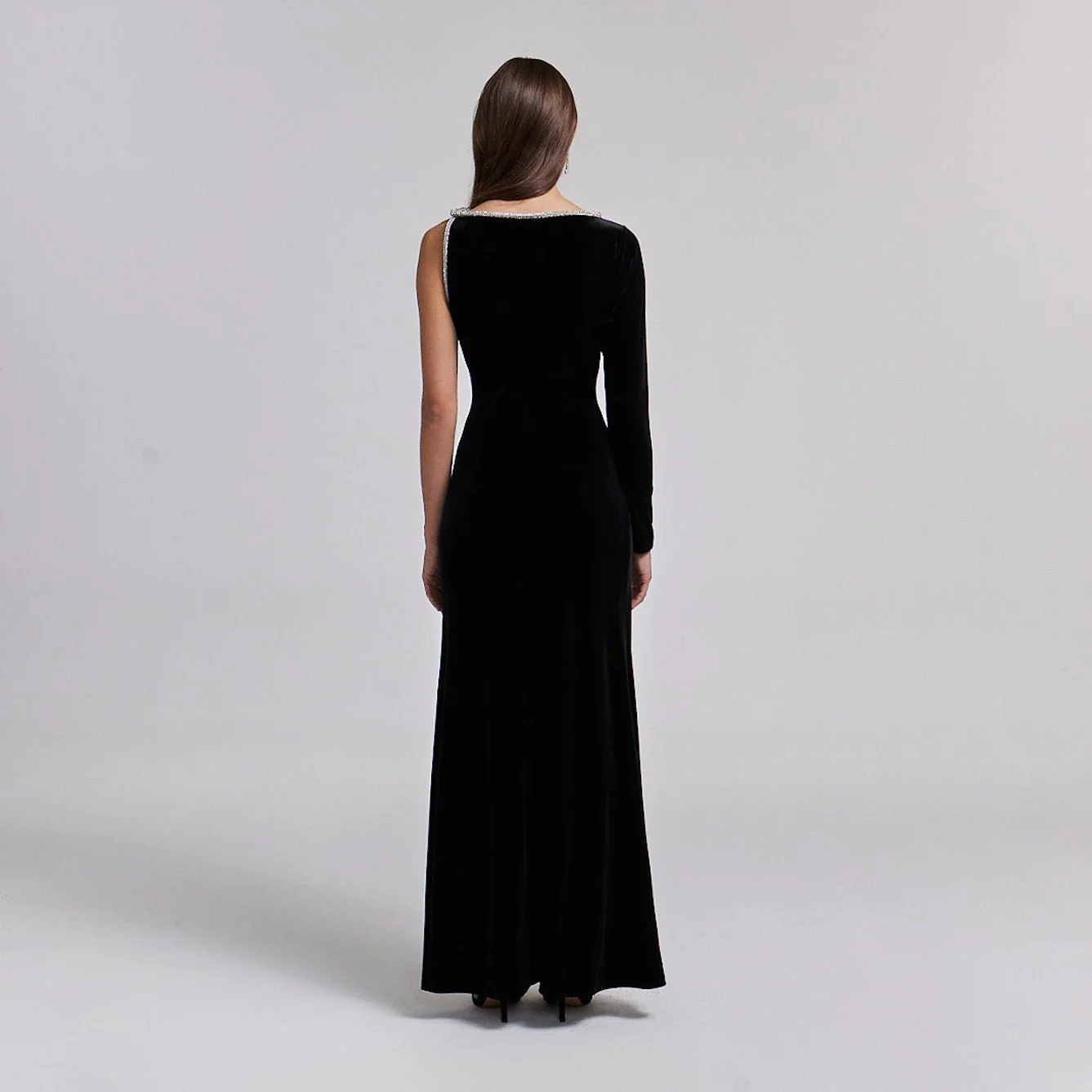 One-Shoulder Black Velvet Maxi Dress with Sparkling Shoulder Detail - Image 4