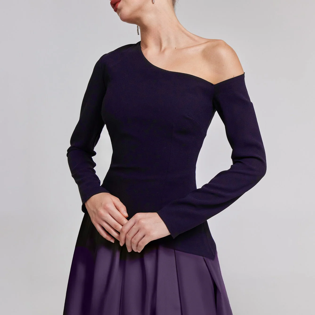 One-Shoulder Purple Crepe and Taffeta Ball Gown - Image 3