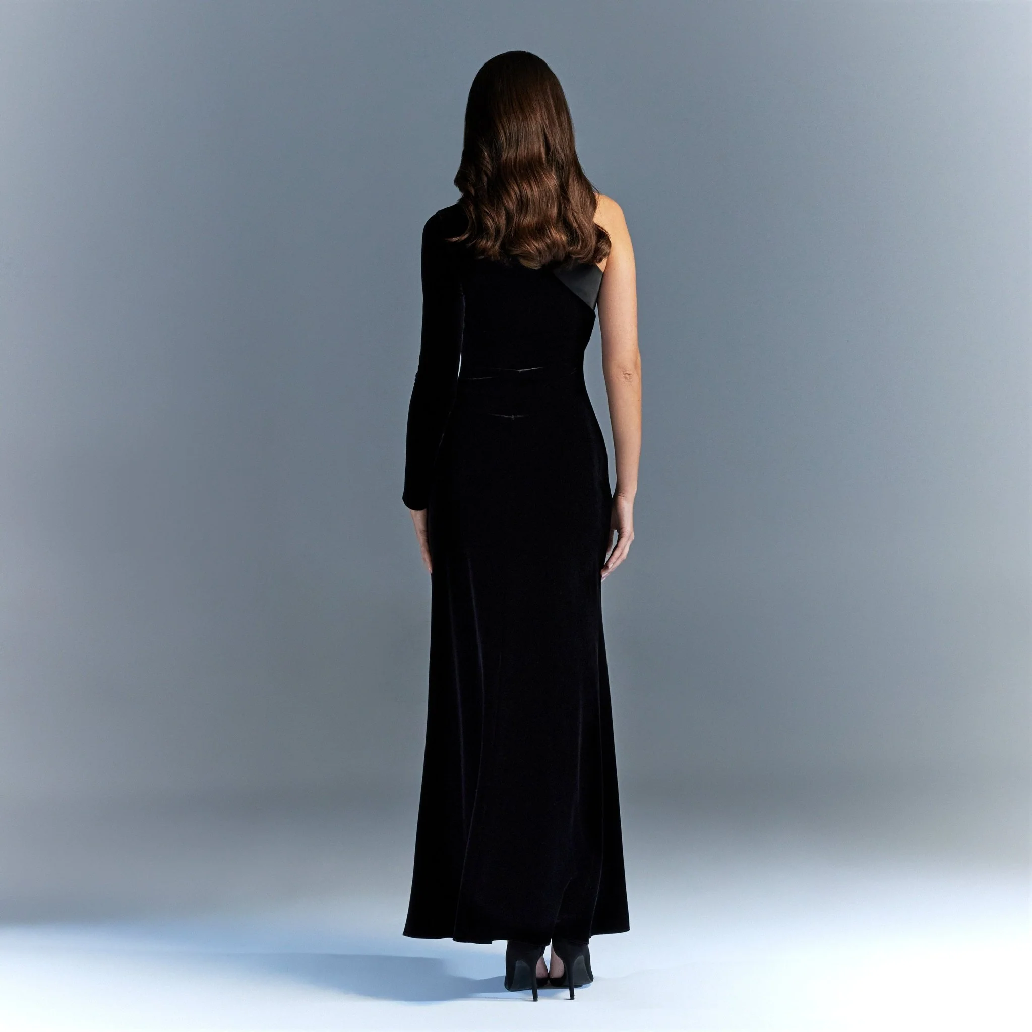 Black One Shoulder Velvet Maxi Dress With Satin Hem - Limited edition - Image 3