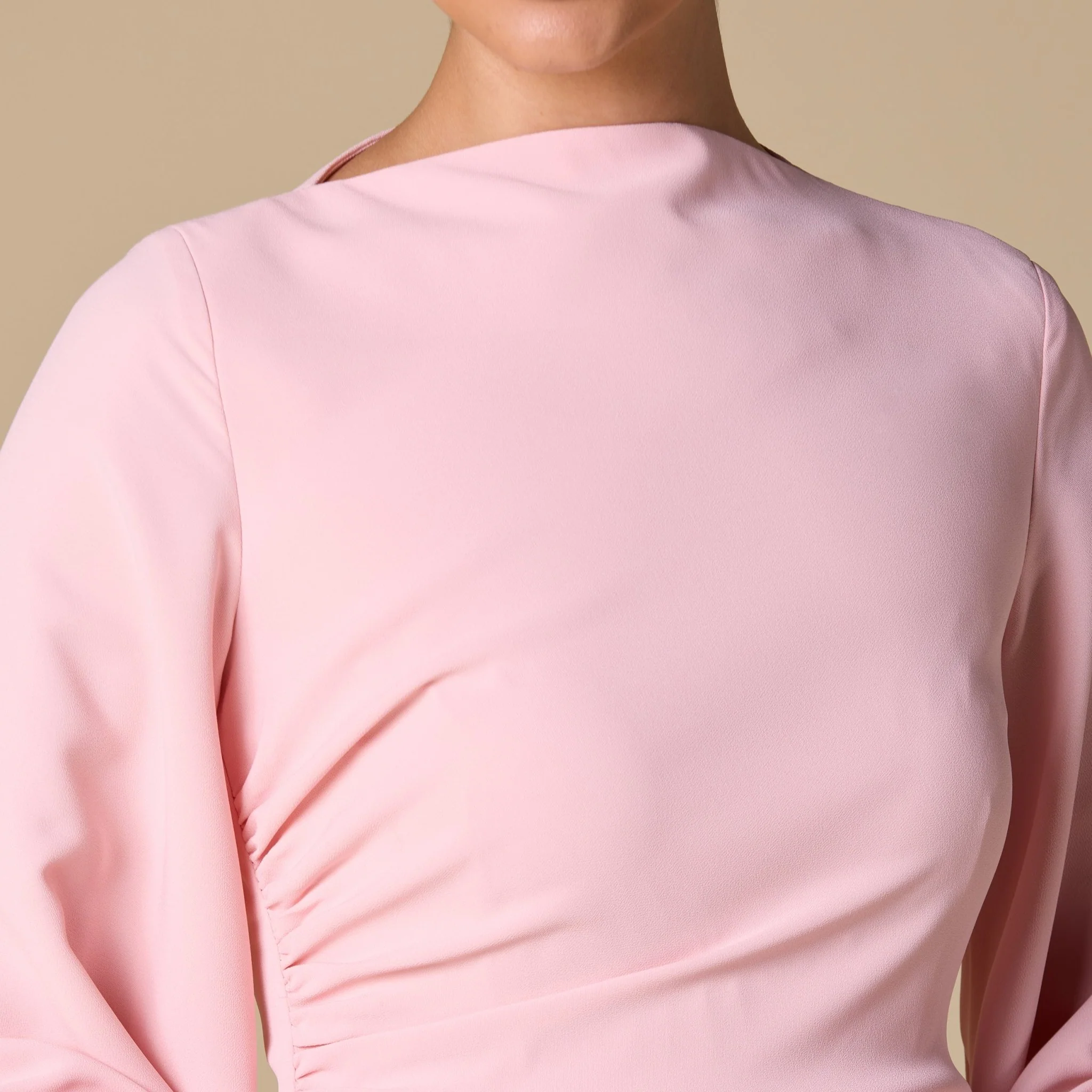 Pink Crepe Draped Midi Dress with dramatic cape sleeves - Image 3