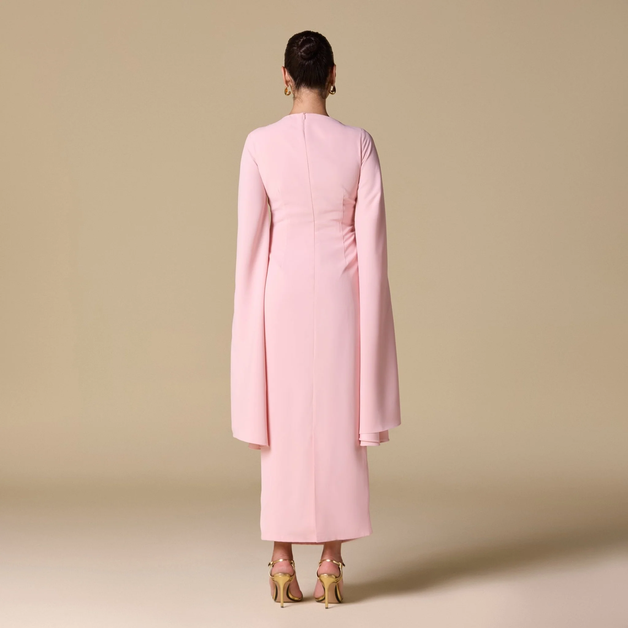 Pink Crepe Draped Midi Dress with dramatic cape sleeves - Image 4