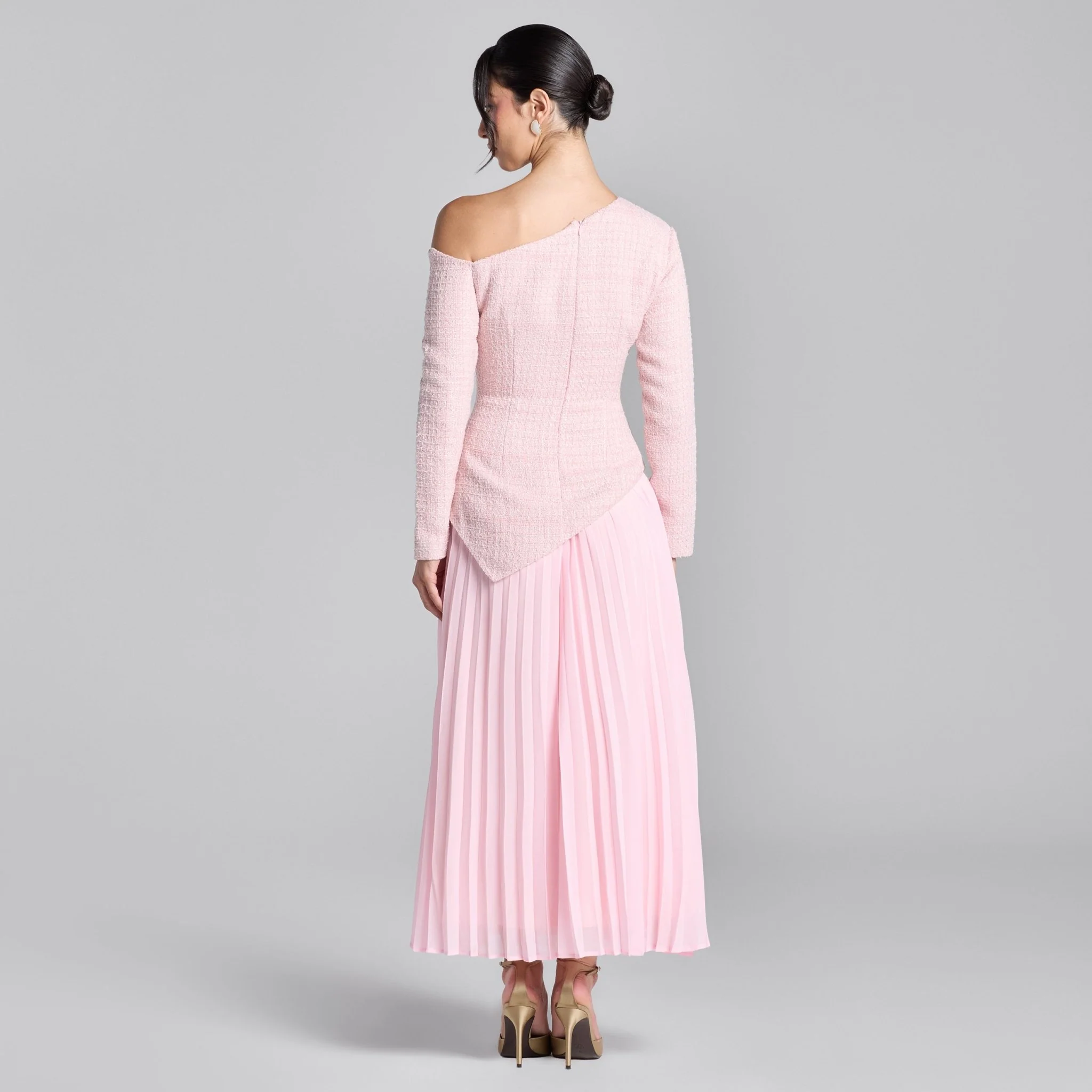 Pink One-Shoulder Tweed-Chiffon Maxi Dress - Image 4