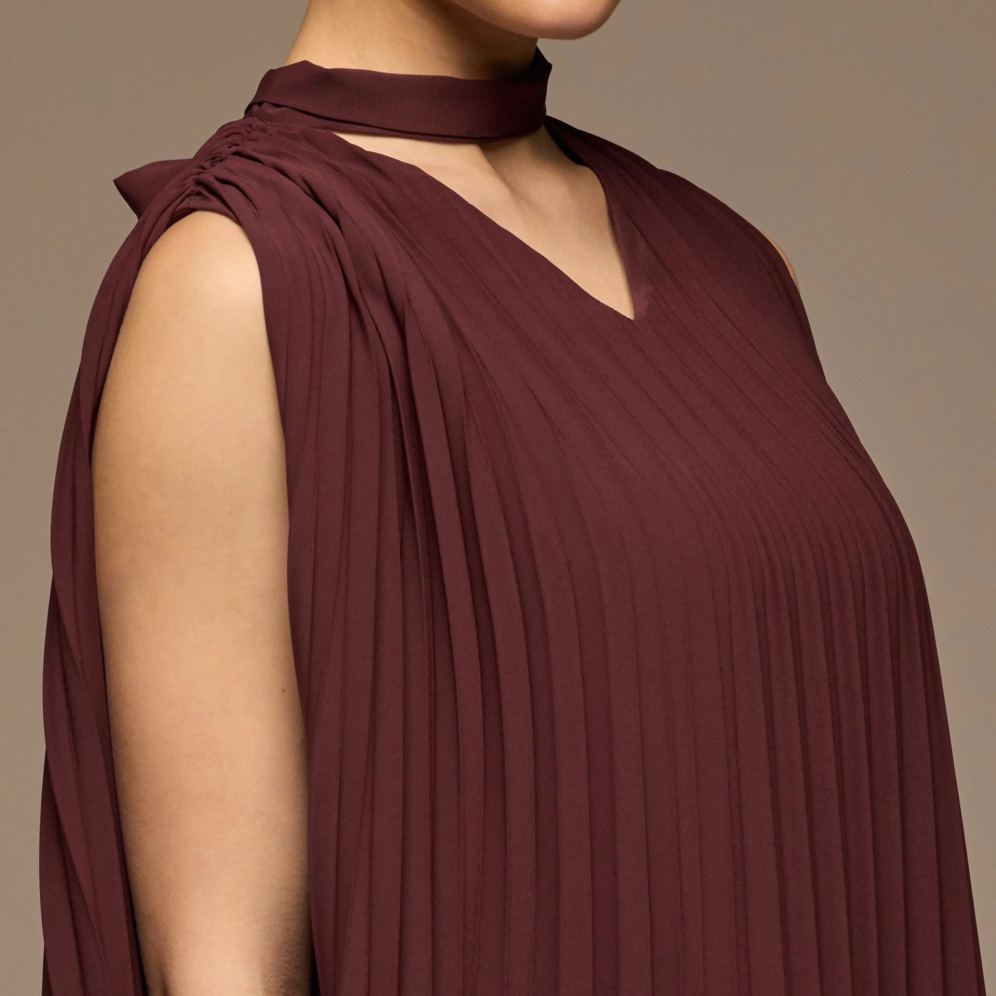 Plum V-Neck All Over Pleated Chiffon Maxi Dress - Image 3