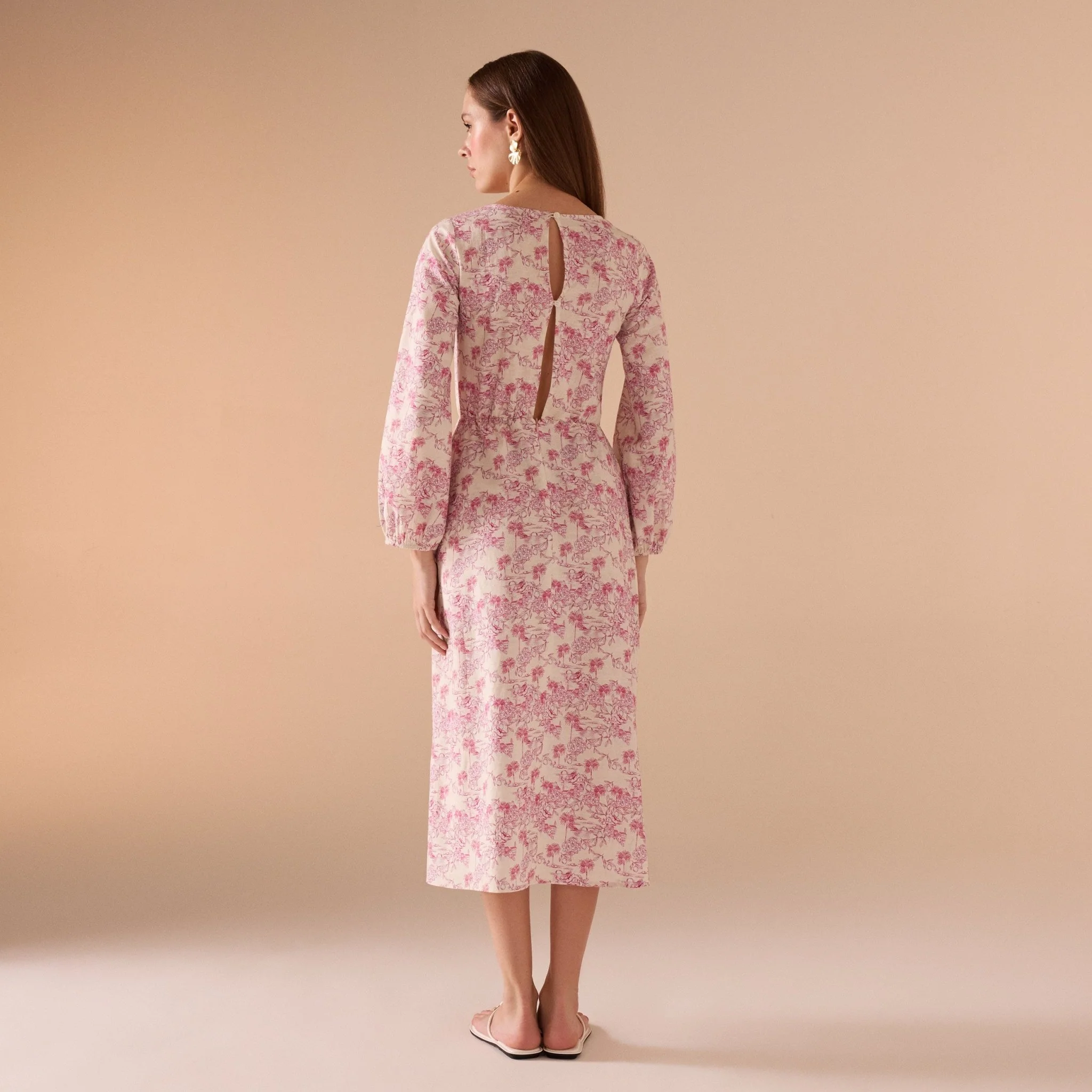 Pink Printed Linen Gathered Waist Midi Dress - Image 3