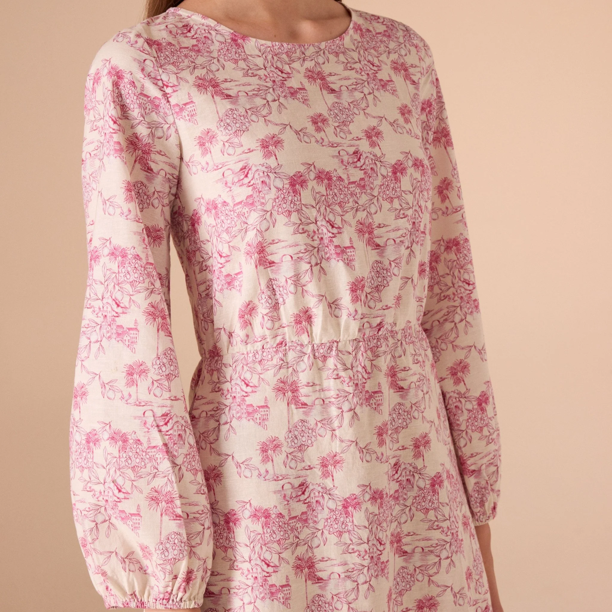 Pink Printed Linen Gathered Waist Midi Dress - Image 4