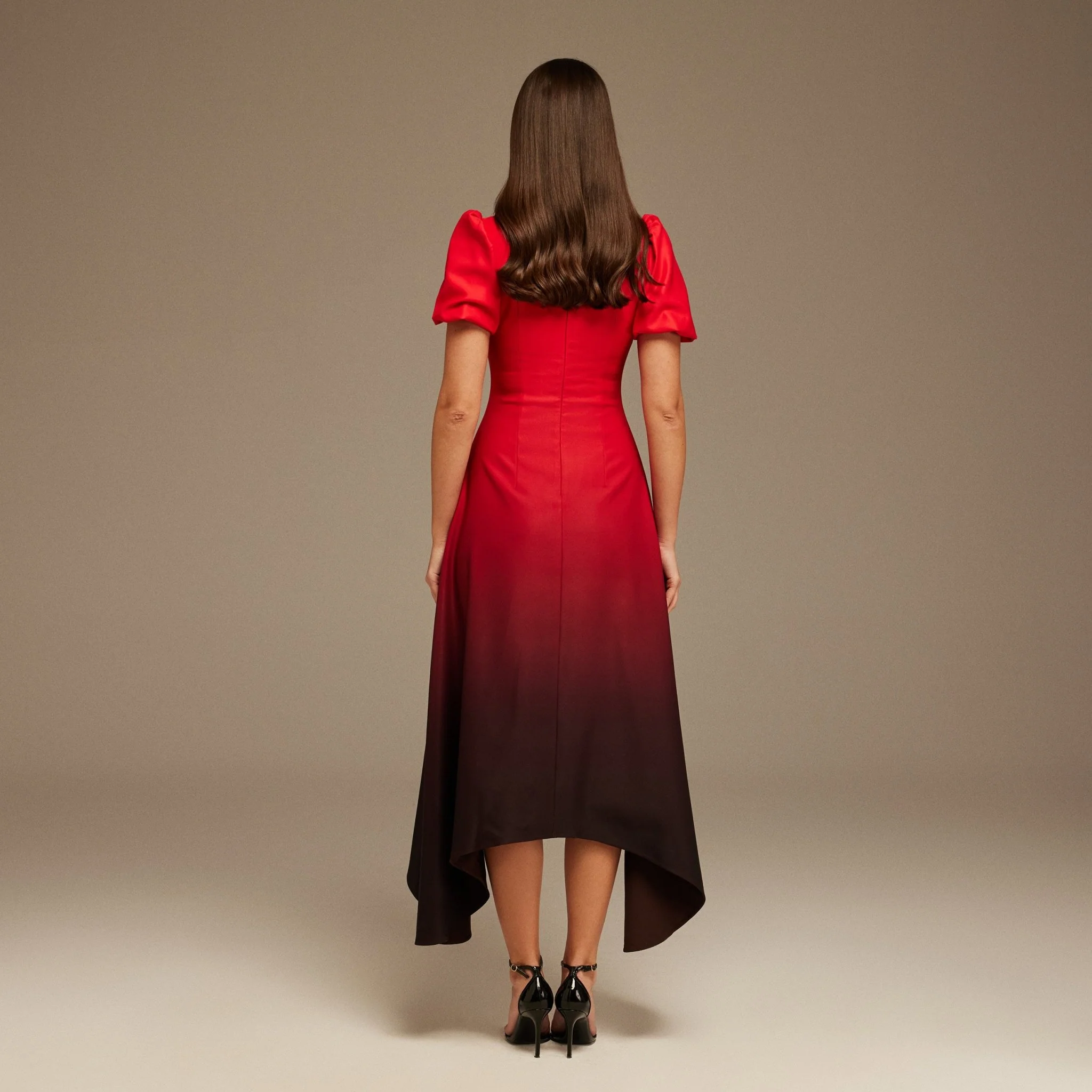 Puff Short Sleeve Crepe Asymmetrical Midi Dress - Image 4