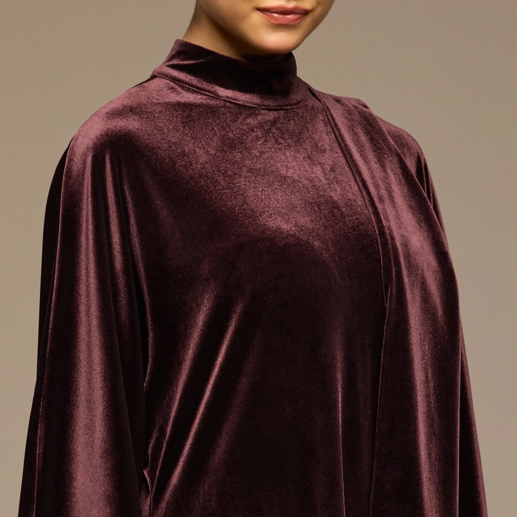 Purple Wide Sleeve Velvet Dress with Scarf - Image 3
