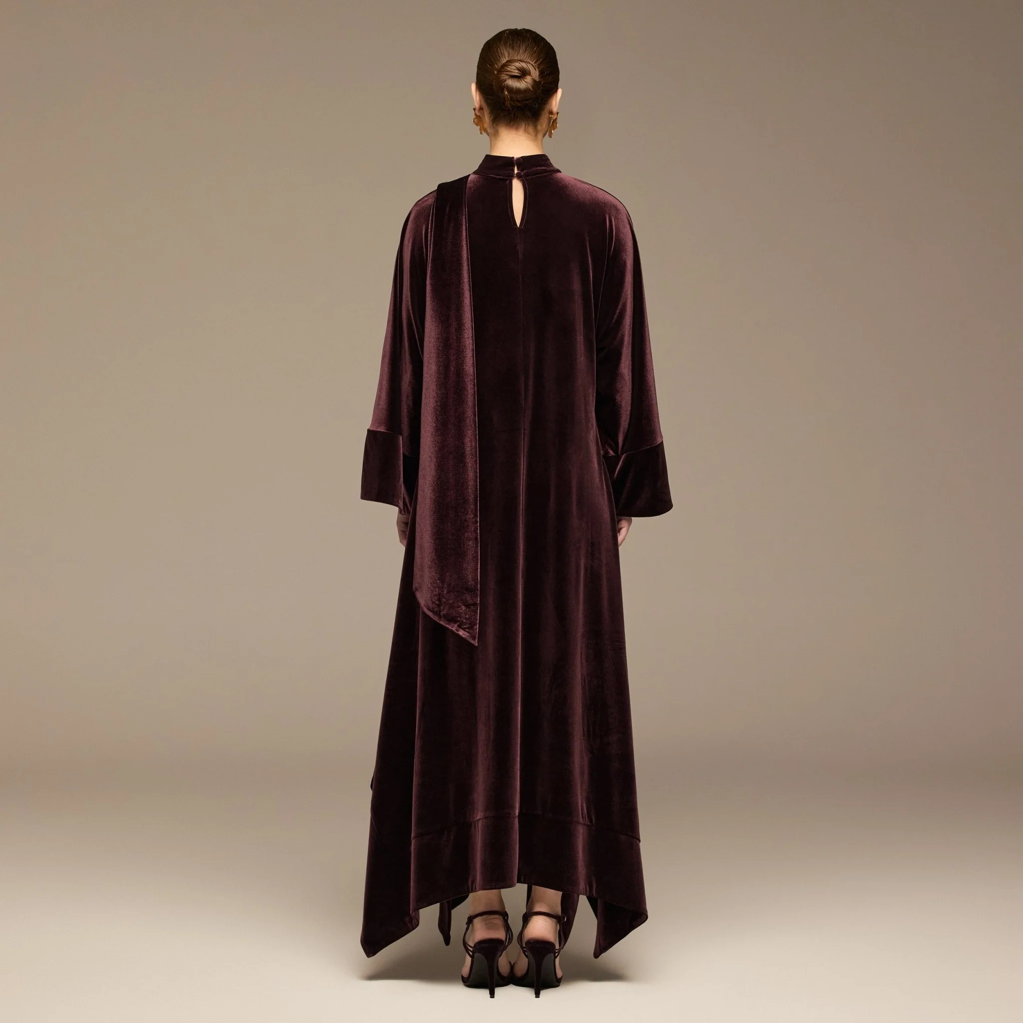 Purple Wide Sleeve Velvet Dress with Scarf - Image 4