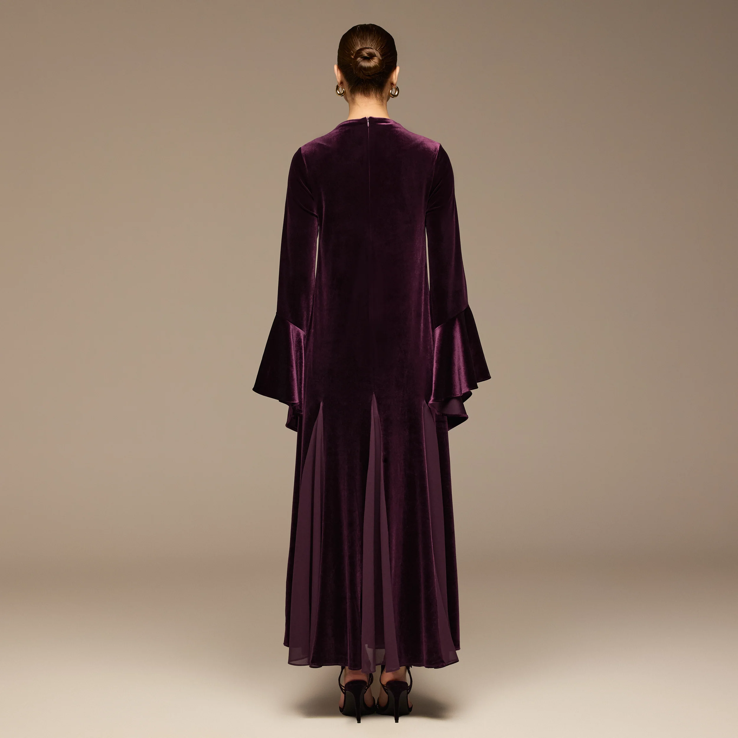 Purple High Neck Velvet Maxi Dress with Flared Sleeves - Image 4