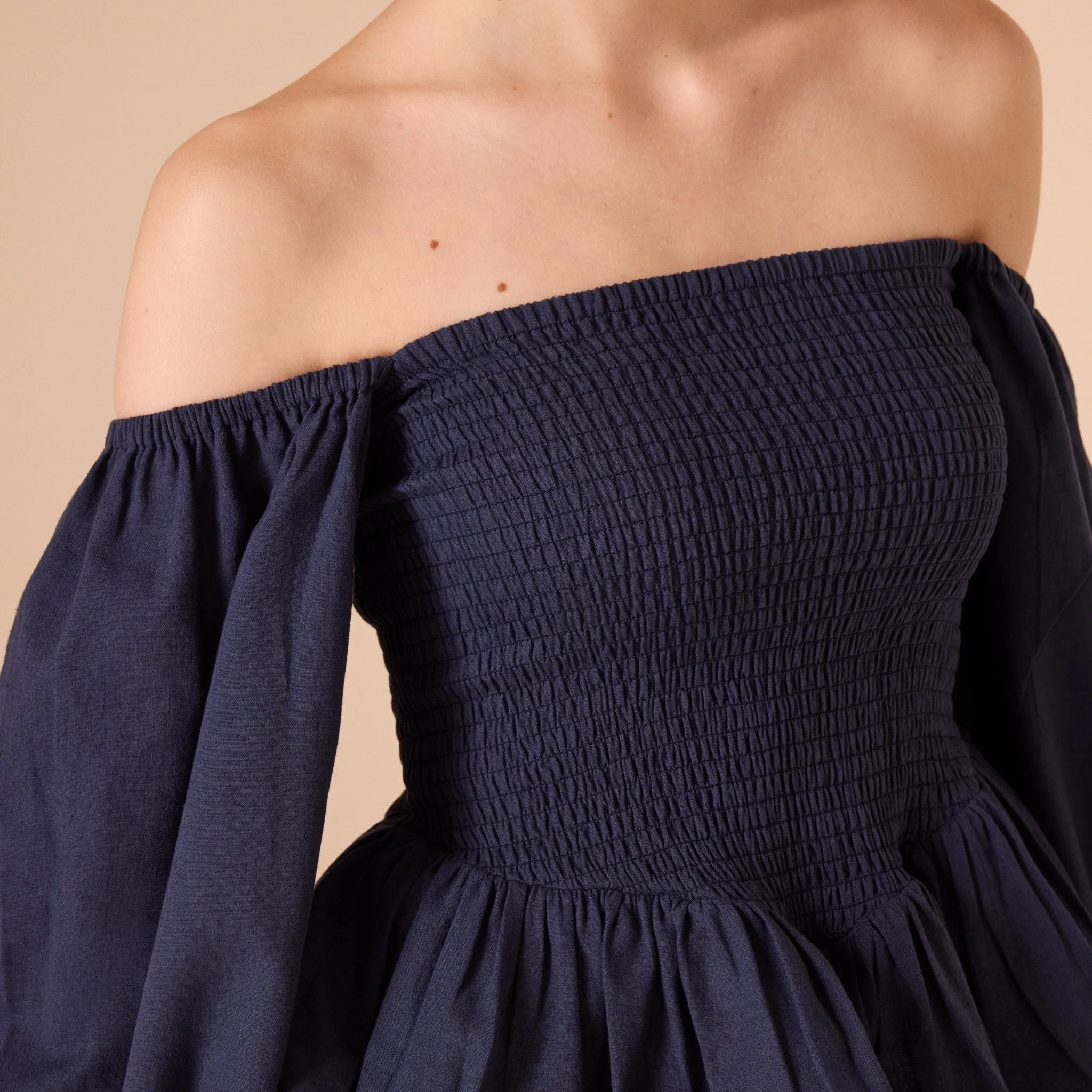 Smocked Bodice Poet Sleeve Top in Linen Cotton Blend - Image 3