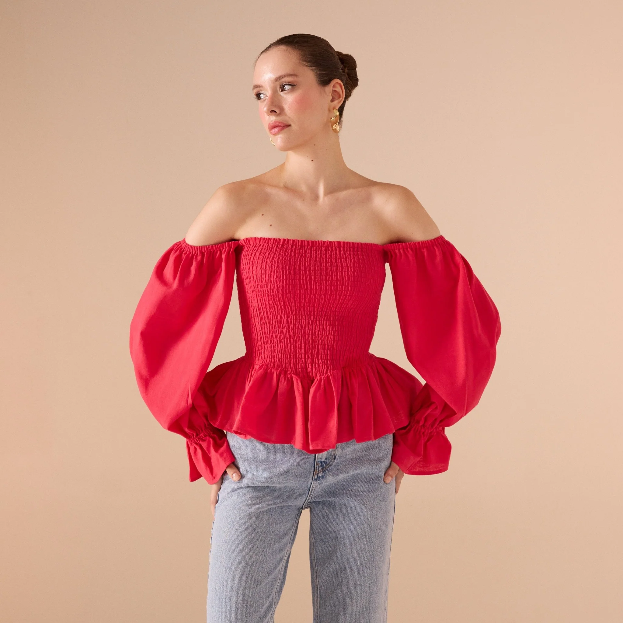Smocked Bodice Poet Sleeve Top in Linen Cotton Blend - Image 4