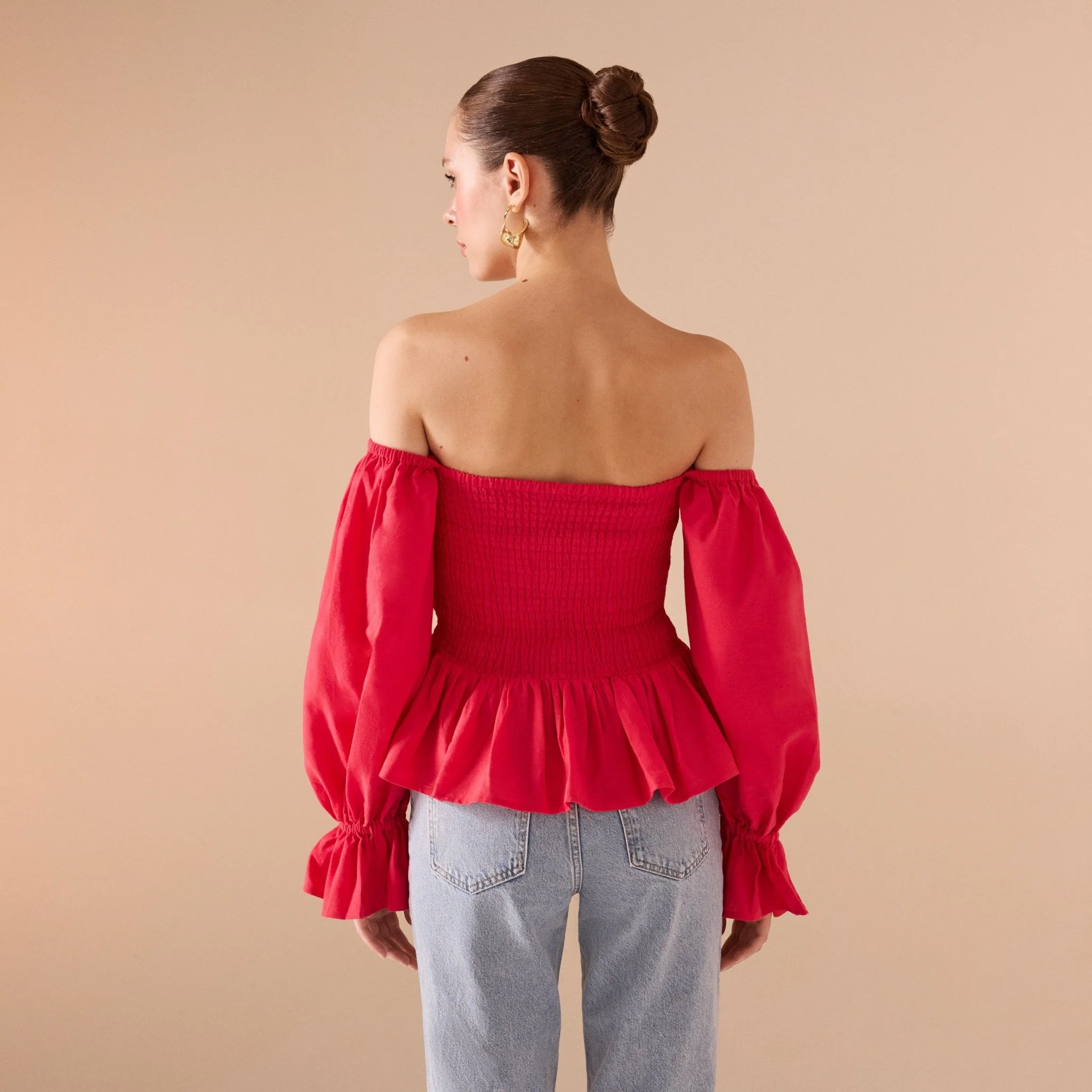 Smocked Bodice Poet Sleeve Top in Linen Cotton Blend - Image 5