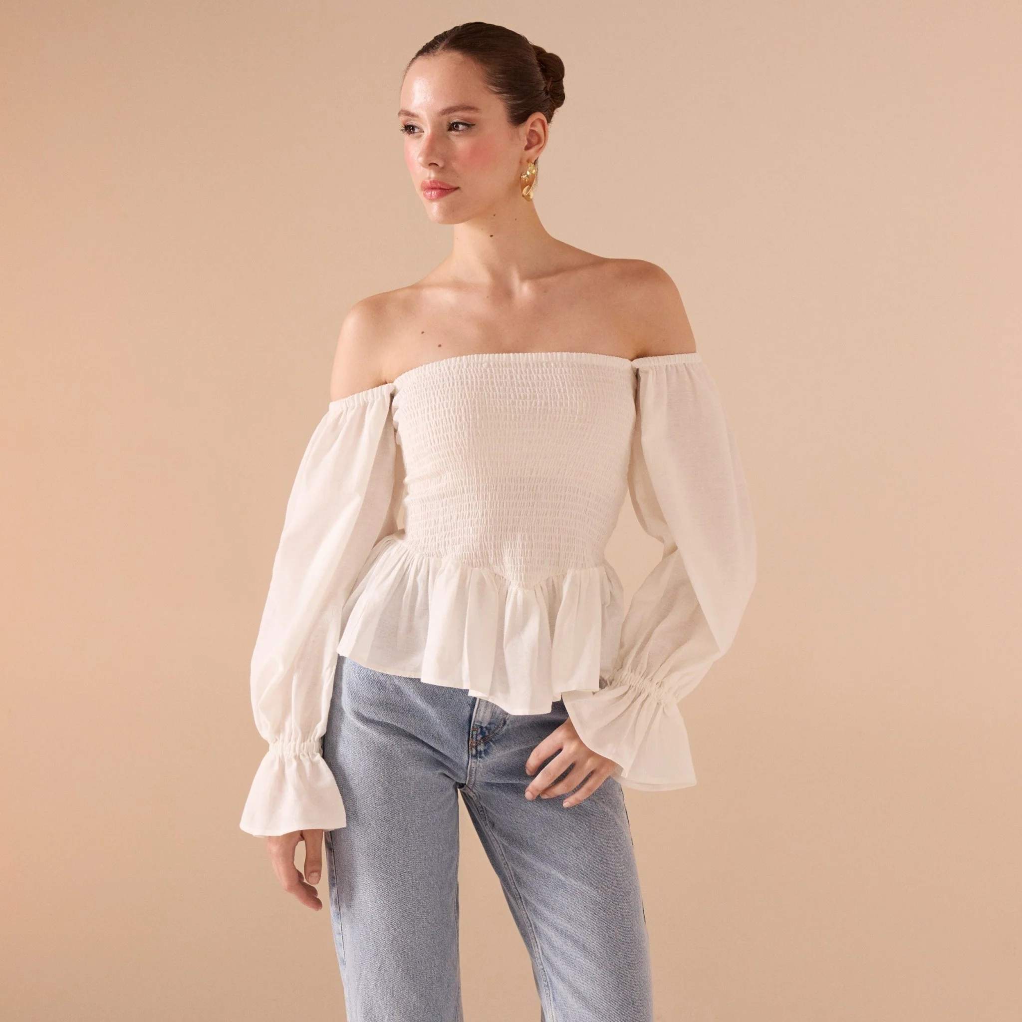 Smocked Bodice Poet Sleeve Top in Linen Cotton Blend - Image 7