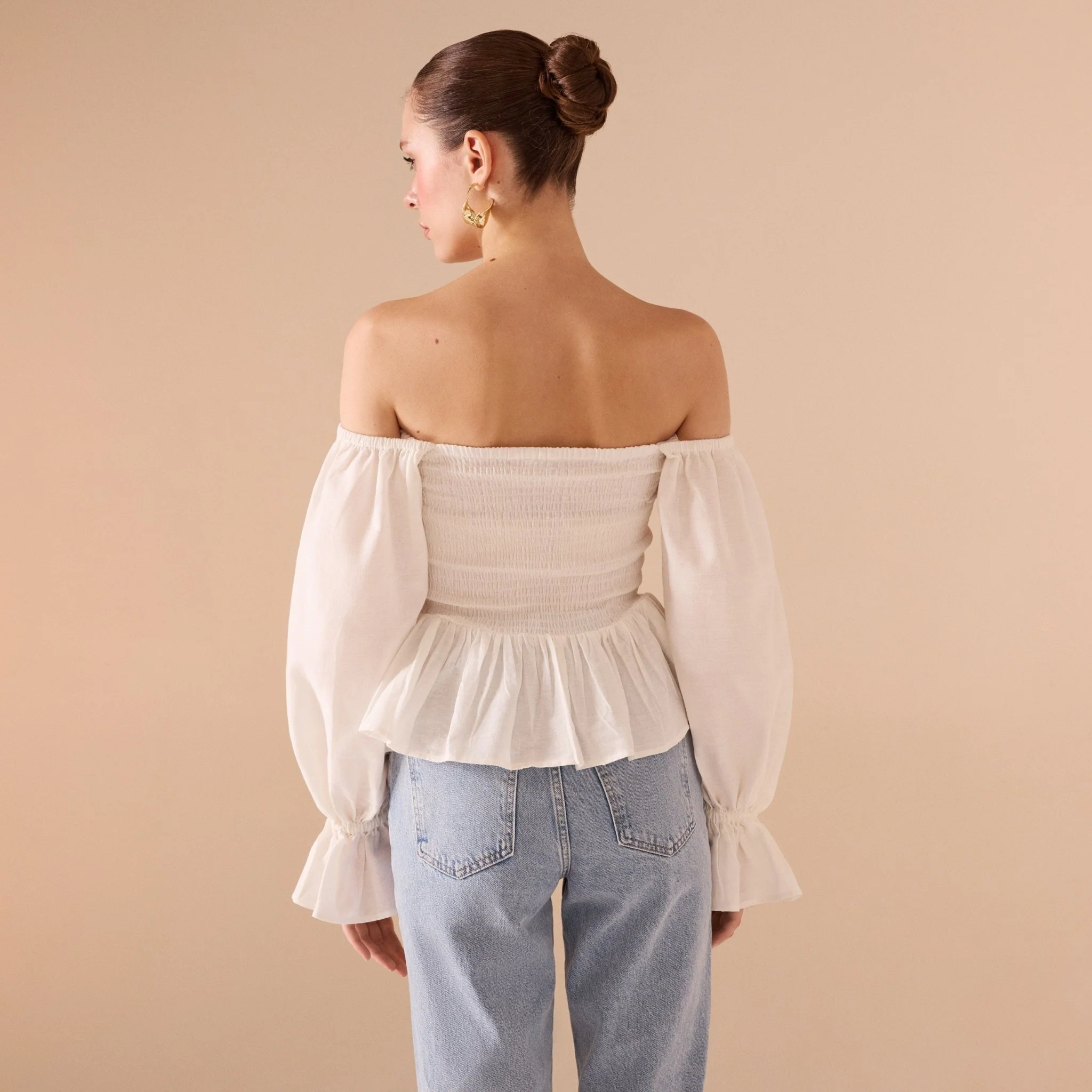 Smocked Bodice Poet Sleeve Top in Linen Cotton Blend - Image 8