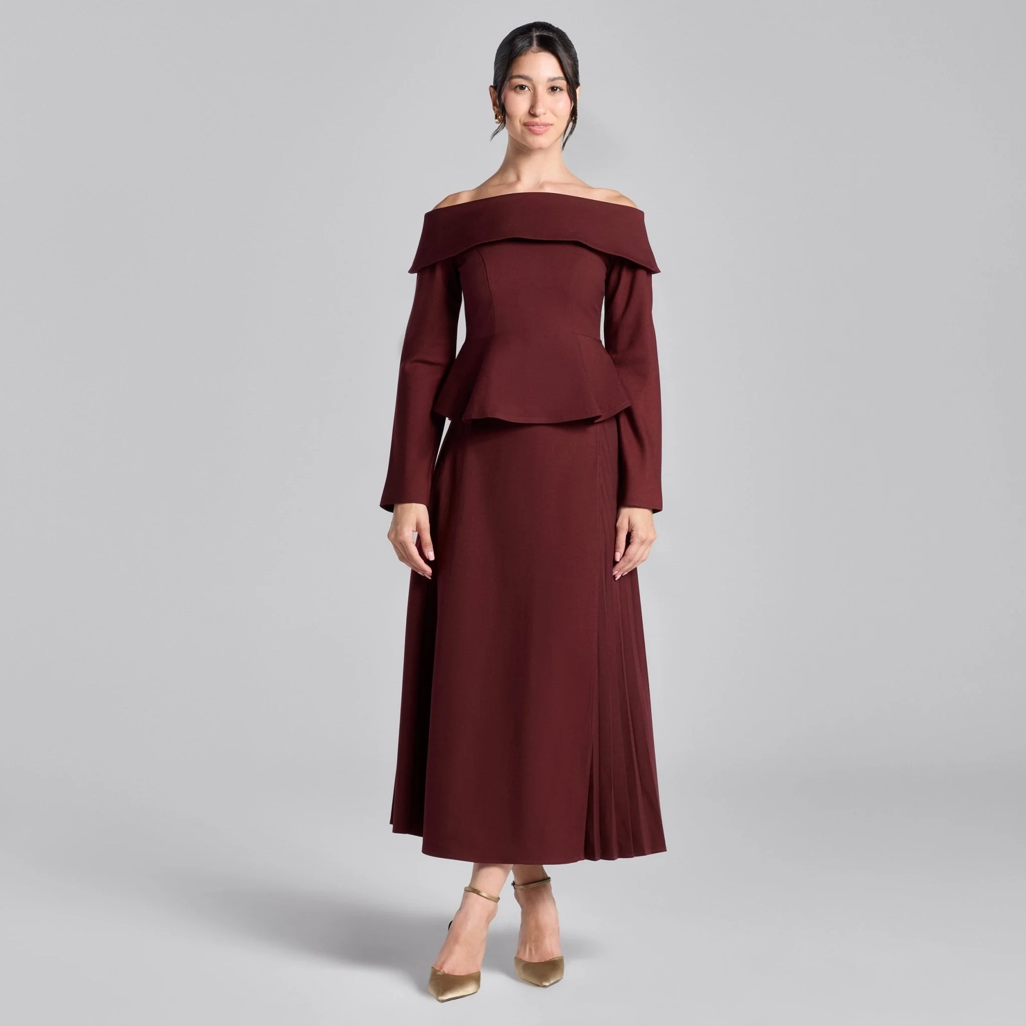 Burgundy Asymmetric Wool Midi Skirt - Image 3