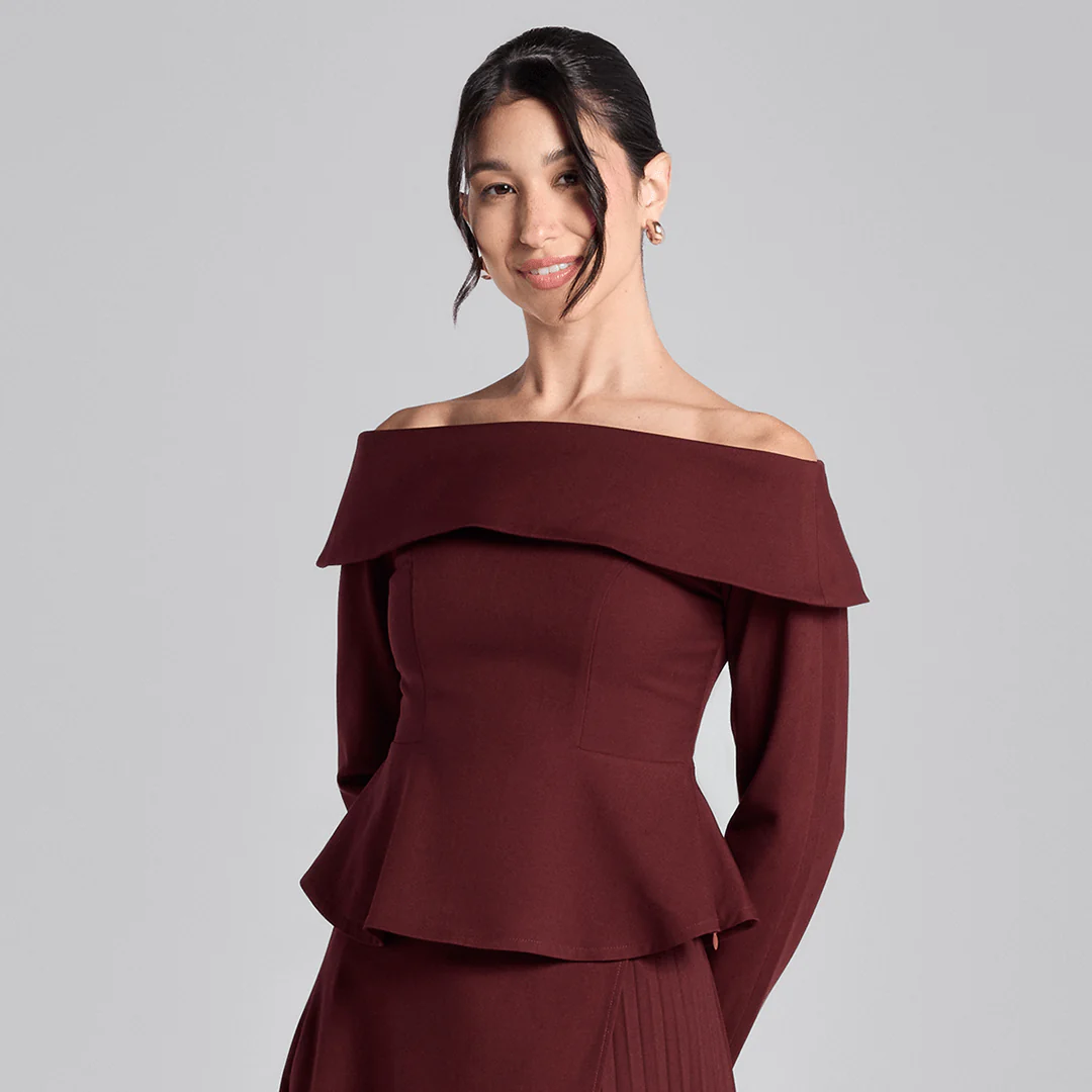 Burgundy Off-Shoulder Wool Peplum Top - Image 3