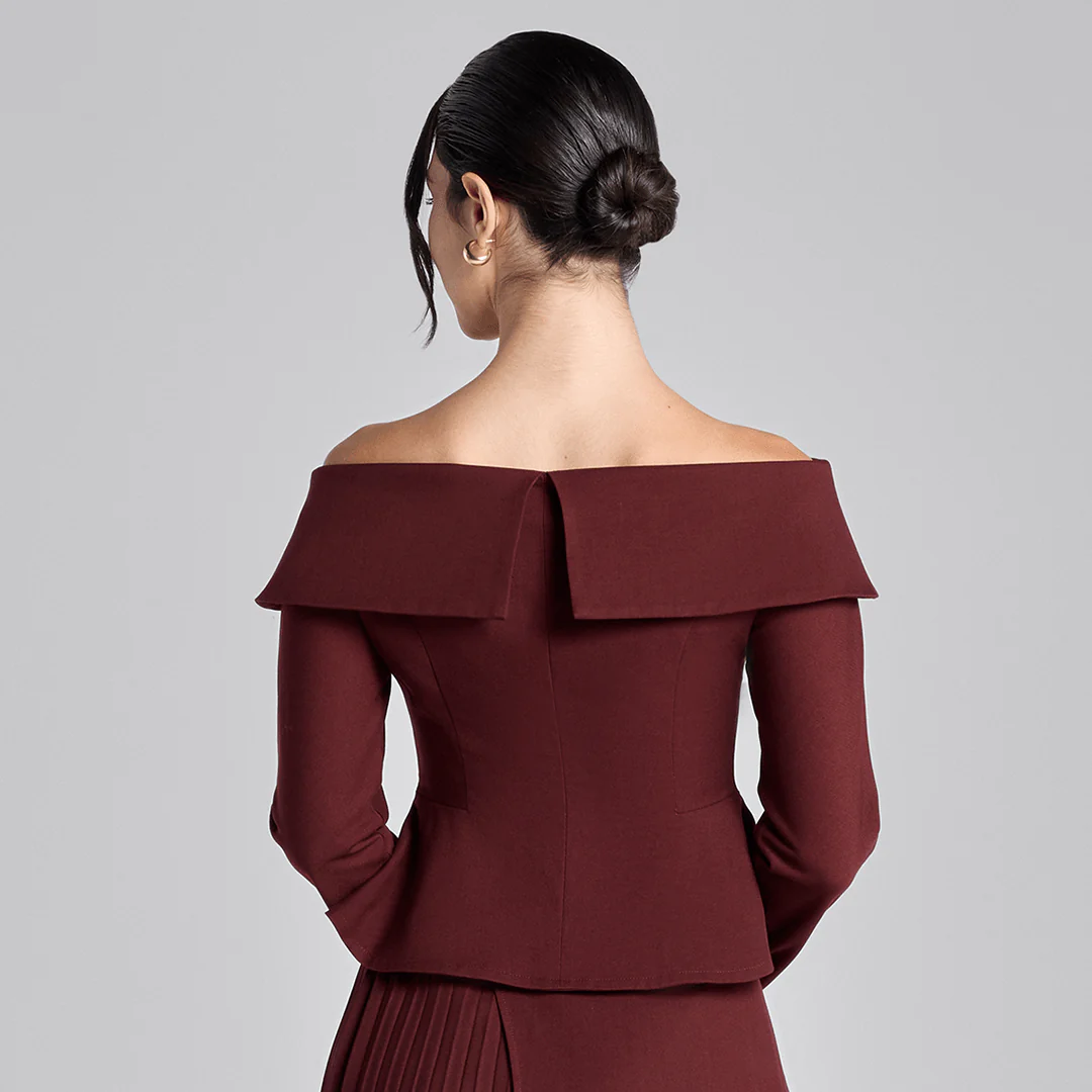 Burgundy Off-Shoulder Wool Peplum Top - Image 5