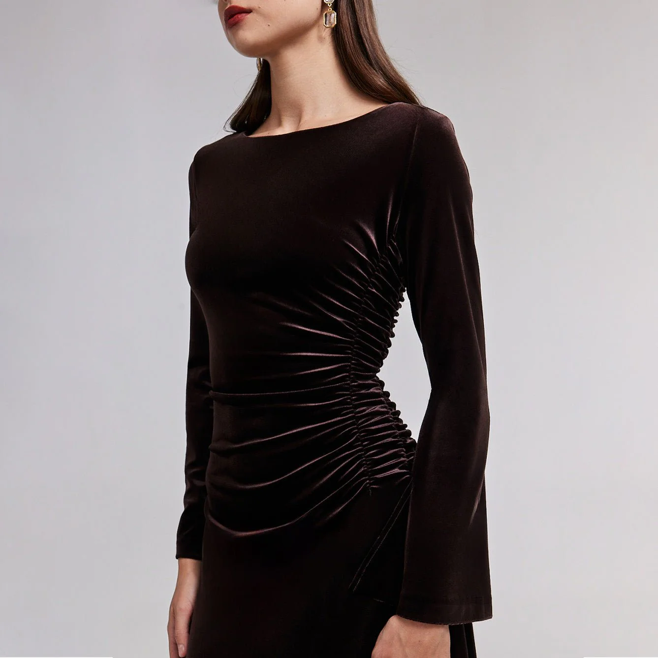 Ruched Velvet Long Sleeve Midi Dress - Image 6