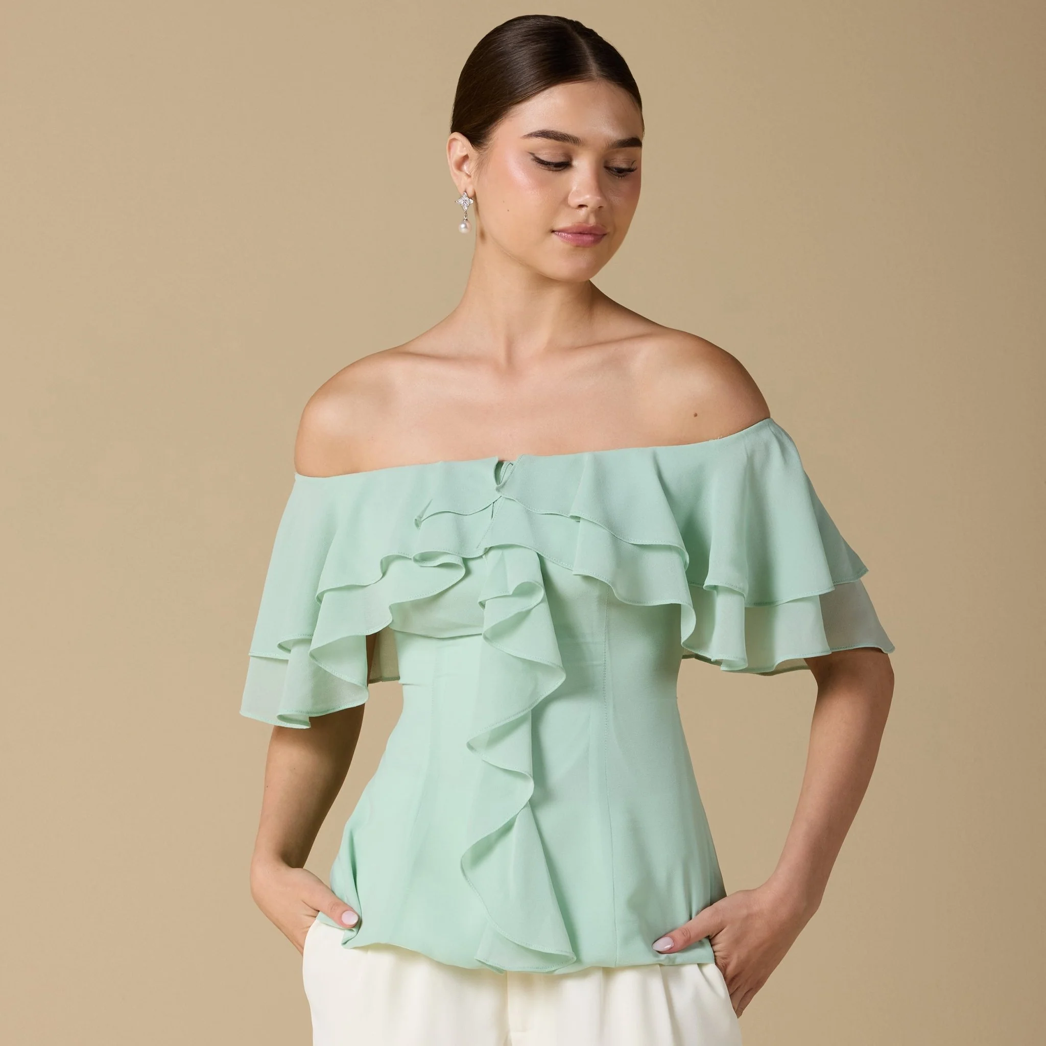 Ruffled Off-shoulder Chiffon Top - Image 11